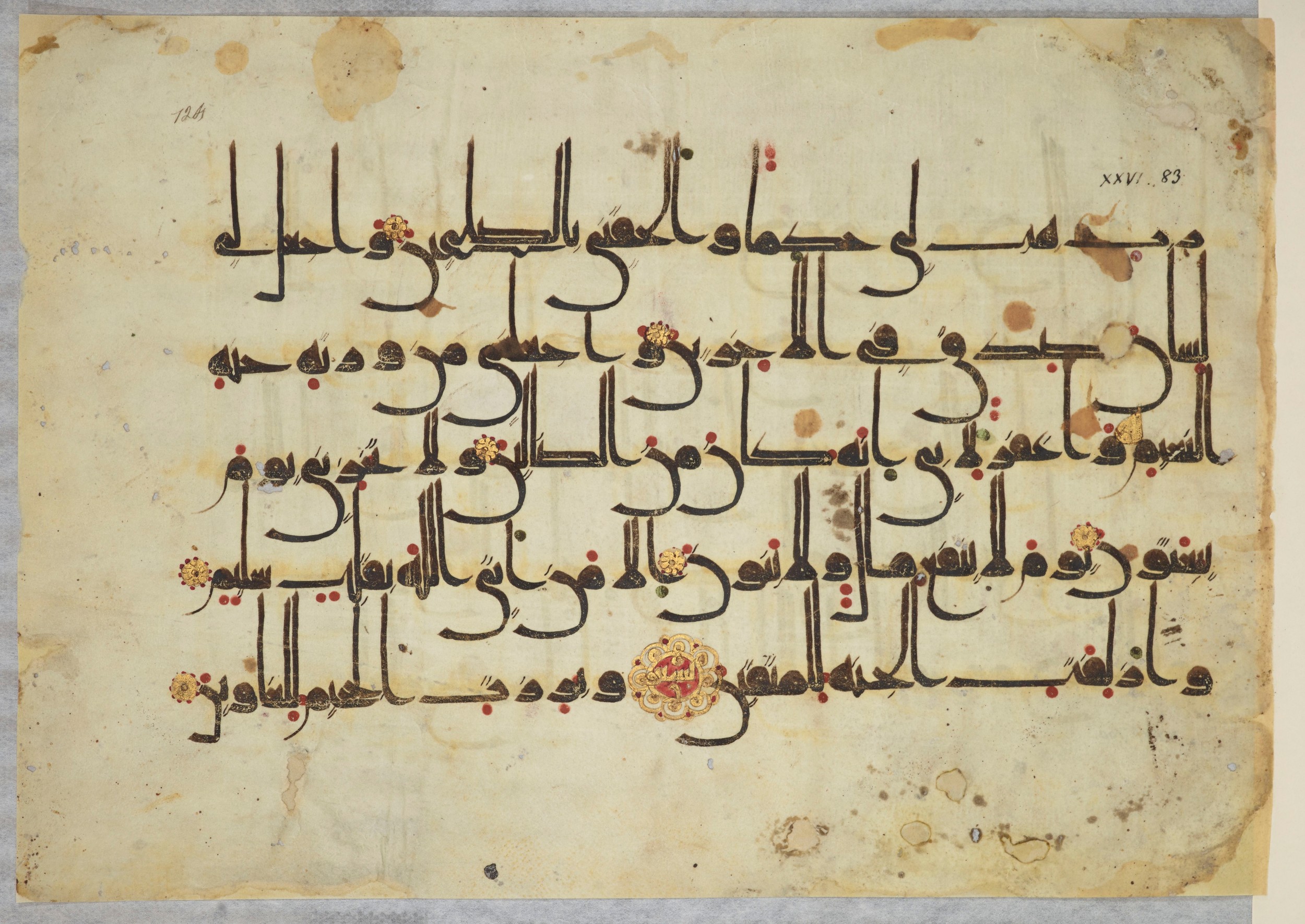 Arabe 334 (j) (Scan 2), in D V c script, showing Surah 26:83 from 9th to 10th Century AD found in Fustat (Old Cairo), Egypt, currently housed at Bibliothèque nationale de France, Paris