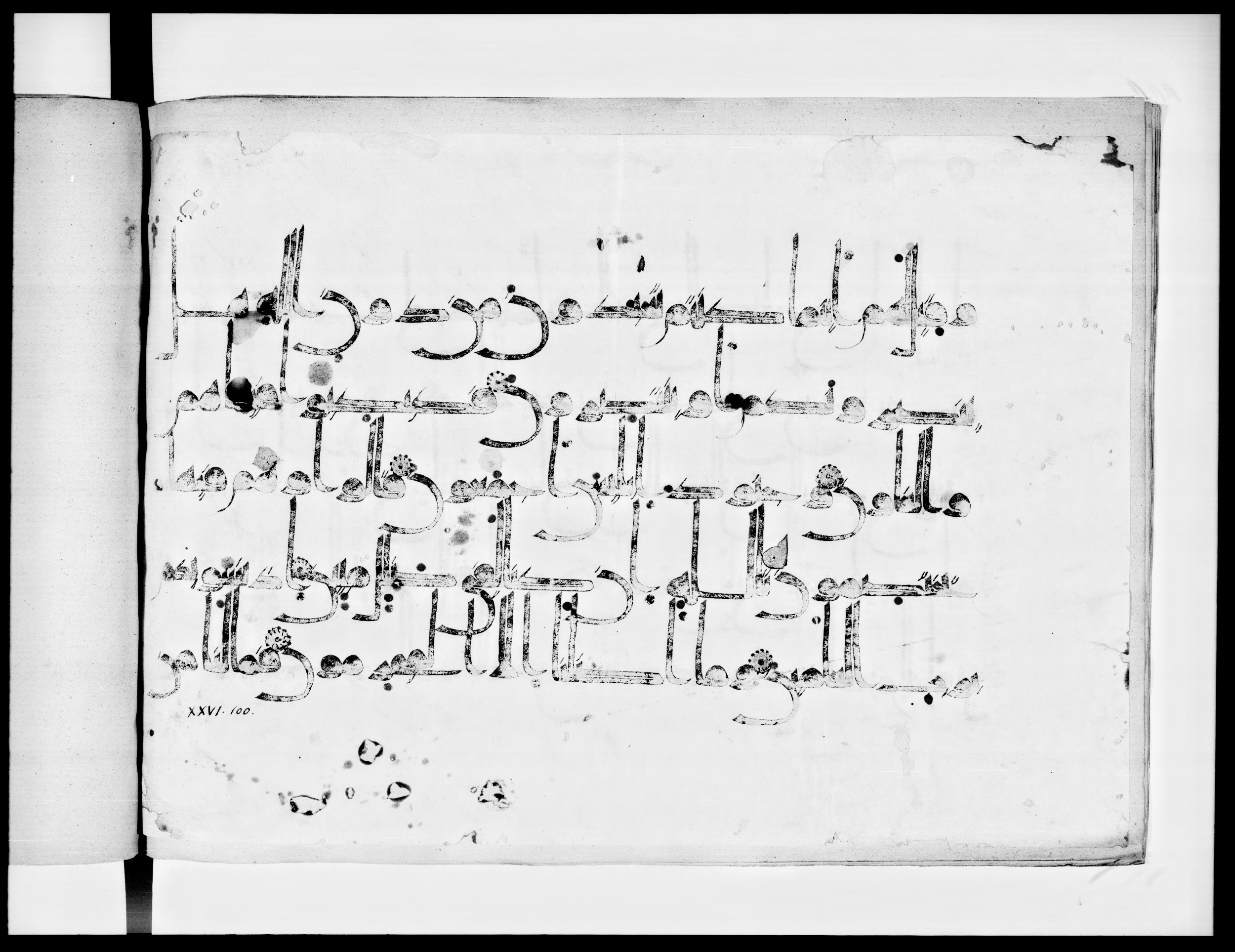 Arabe 334 (j) (Scan 1), in D V c script, showing Surah 26:97 from 9th to 10th Century AD found in Fustat (Old Cairo), Egypt, currently housed at Bibliothèque nationale de France, Paris