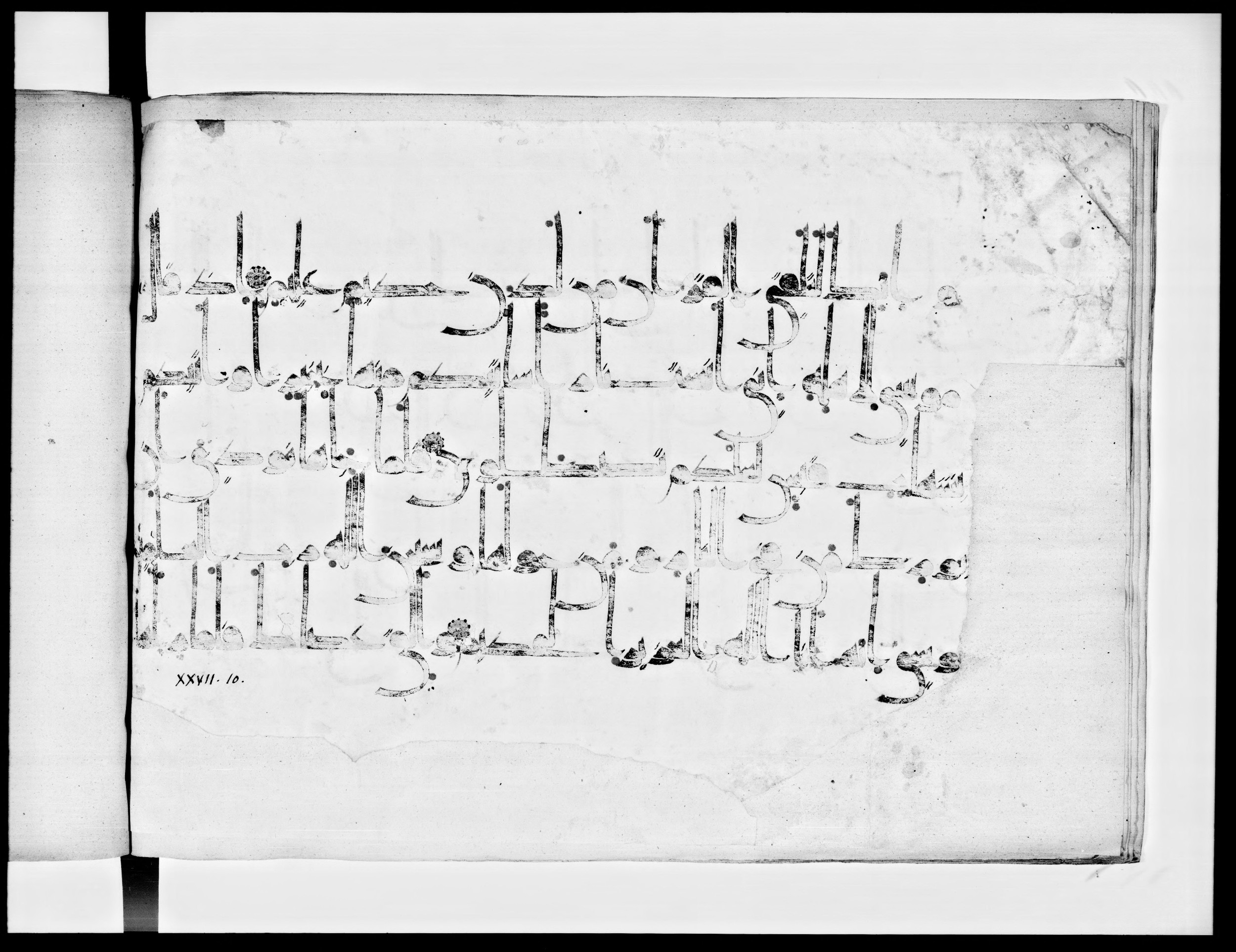Arabe 334 (j) (Scan 1), in D V c script, showing Surah 27:7 from 9th to 10th Century AD found in Fustat (Old Cairo), Egypt, currently housed at Bibliothèque nationale de France, Paris
