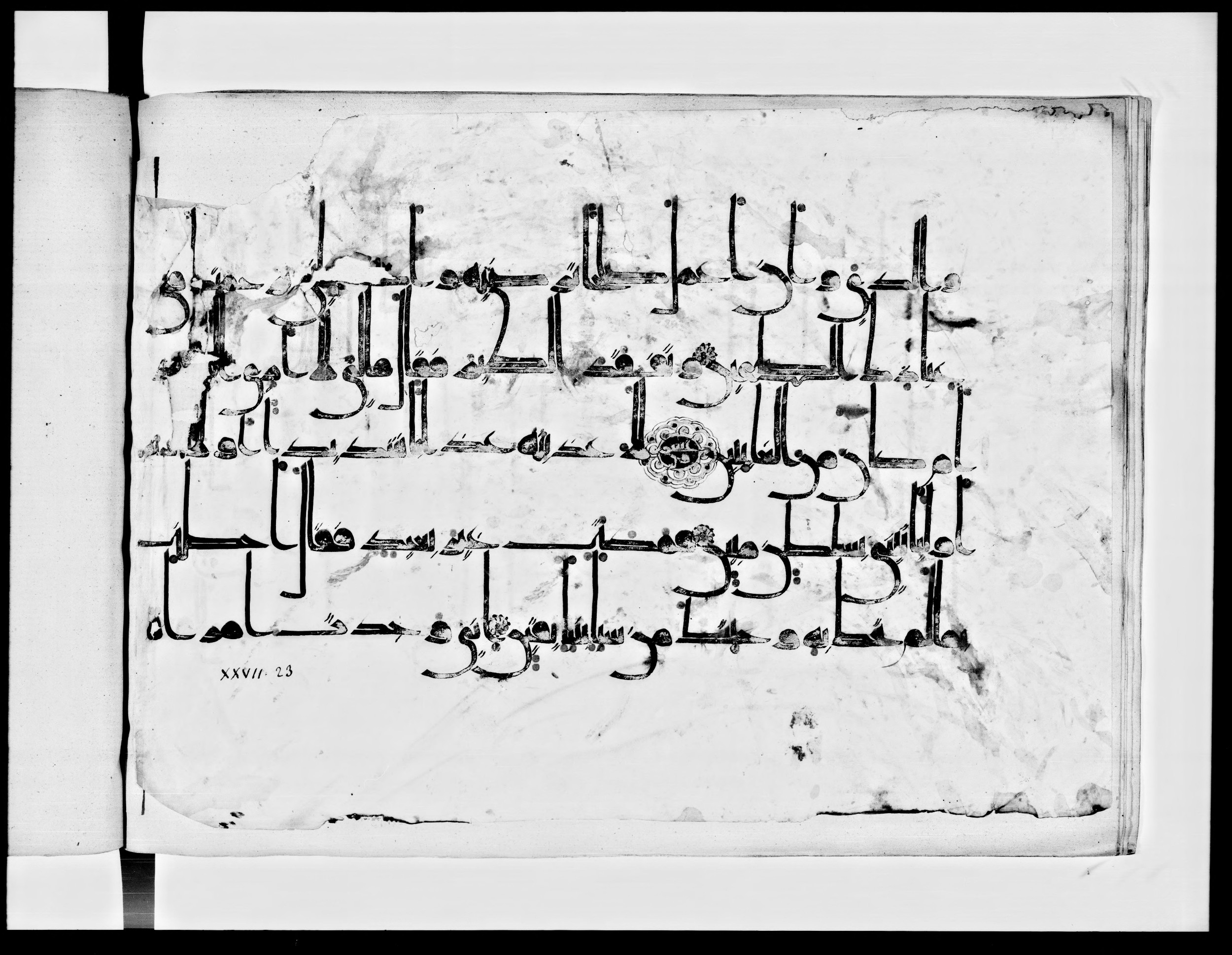 Arabe 334 (j) (Scan 1), in D V c script, showing Surah 27:21 from 9th to 10th Century AD found in Fustat (Old Cairo), Egypt, currently housed at Bibliothèque nationale de France, Paris