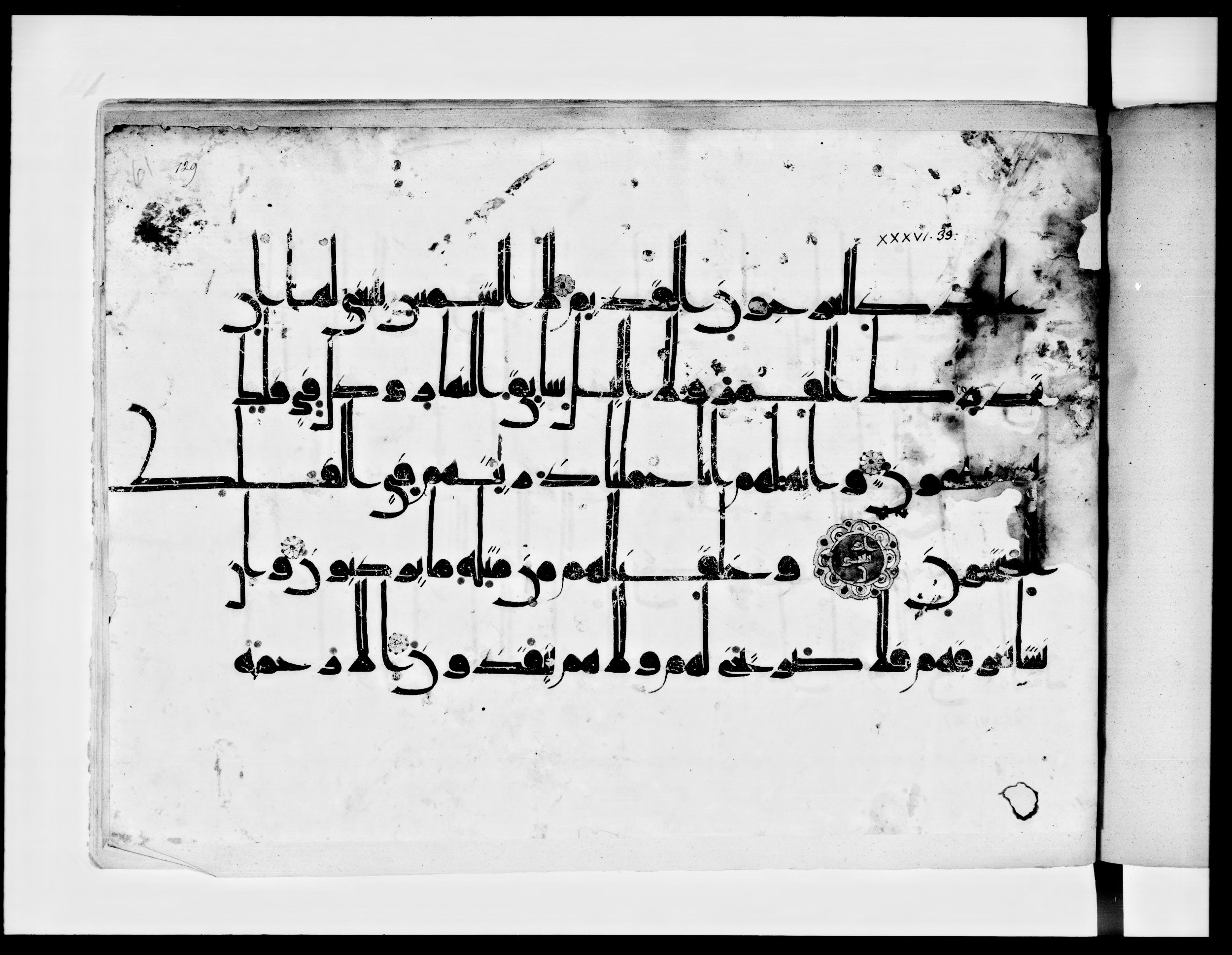 Arabe 334 (j) (Scan 1), in D V c script, showing Surah 36:44 from 9th to 10th Century AD found in Fustat (Old Cairo), Egypt, currently housed at Bibliothèque nationale de France, Paris