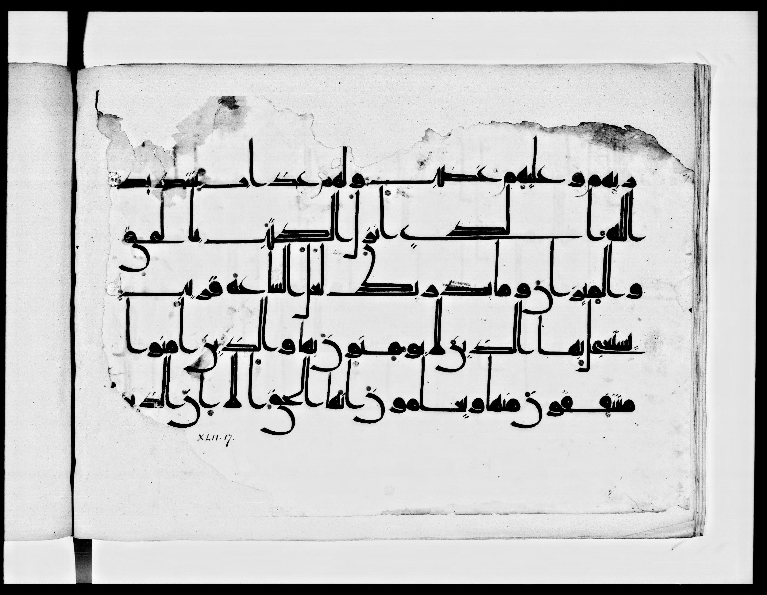 Arabe 334 (j) (Scan 3), in D V c script, showing Surah 42:16 from 9th to 10th Century AD found in Fustat (Old Cairo), Egypt, currently housed at Bibliothèque nationale de France, Paris