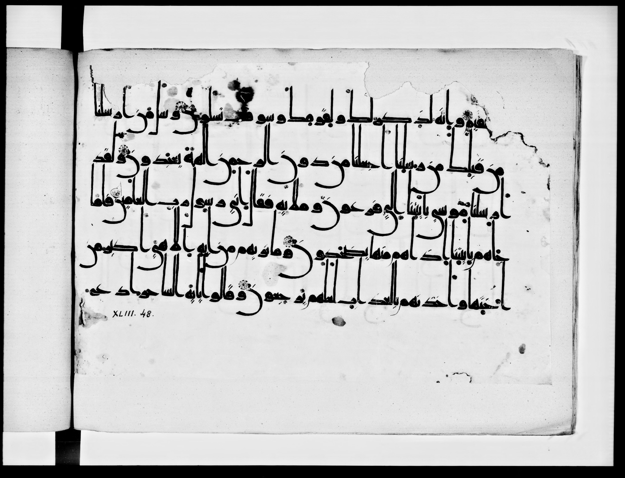 Arabe 334 (j) (Scan 1), in D V c script, showing Surah 43:49 from 9th to 10th Century AD found in Fustat (Old Cairo), Egypt, currently housed at Bibliothèque nationale de France, Paris