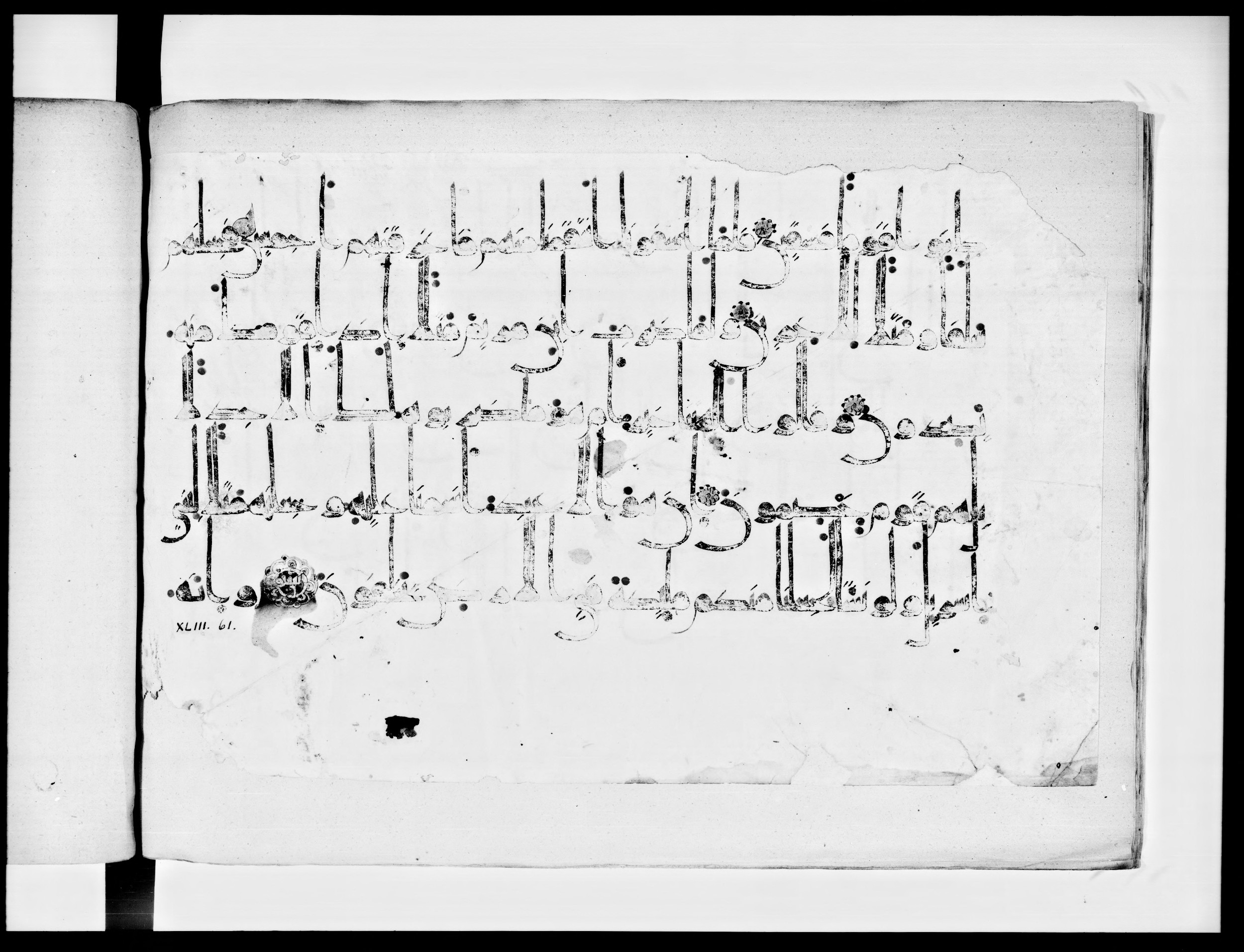 Arabe 334 (j) (Scan 1), in D V c script, showing Surah 43:56 from 9th to 10th Century AD found in Fustat (Old Cairo), Egypt, currently housed at Bibliothèque nationale de France, Paris