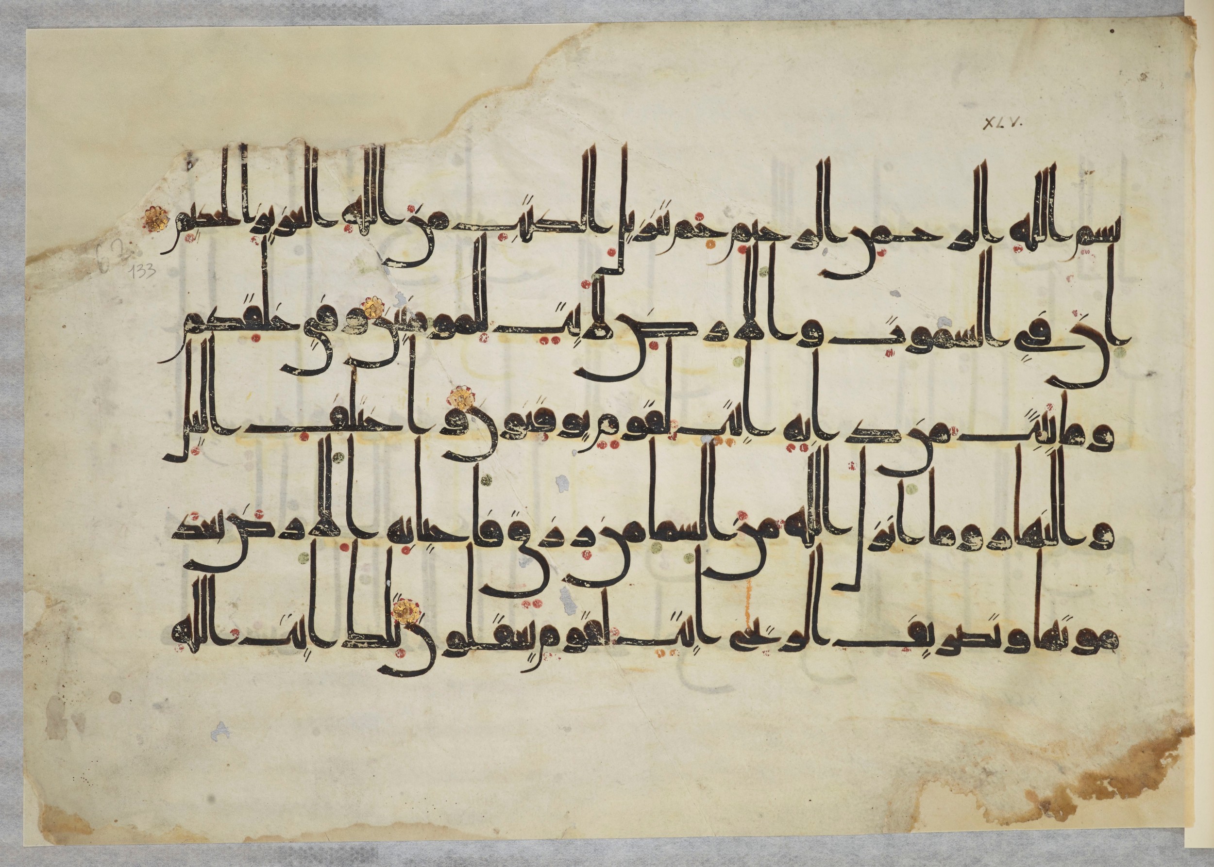 Arabe 334 (j) (Scan 2), in D V c script, showing Surah 45:2 from 9th to 10th Century AD found in Fustat (Old Cairo), Egypt, currently housed at Bibliothèque nationale de France, Paris