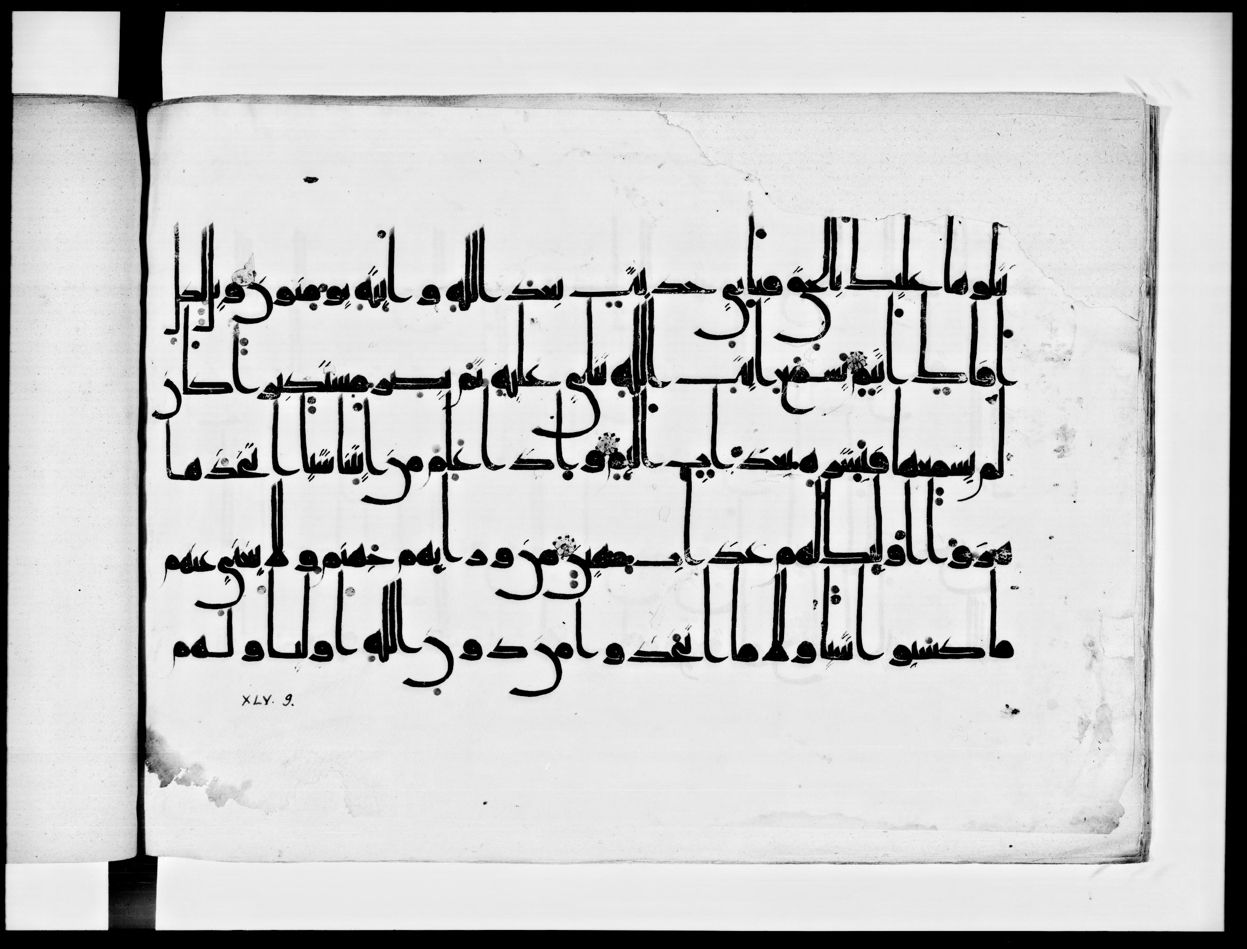 Arabe 334 (j) (Scan 1), in D V c script, showing Surah 45:8 from 9th to 10th Century AD found in Fustat (Old Cairo), Egypt, currently housed at Bibliothèque nationale de France, Paris