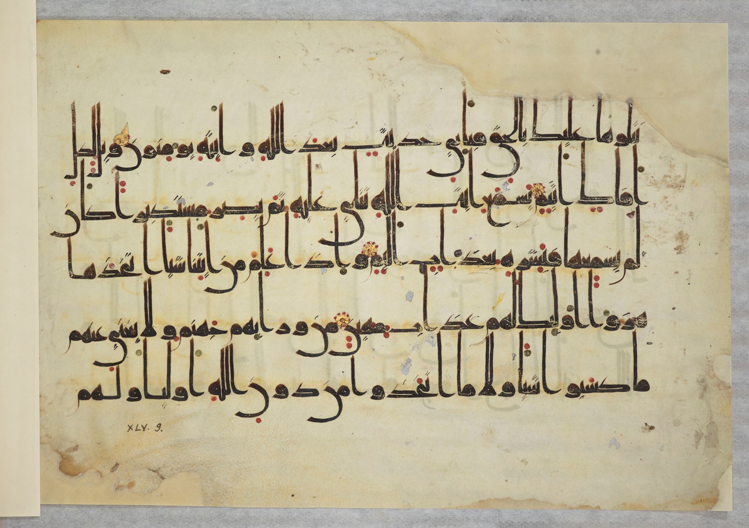 Arabe 334 (j) (Scan 2), in D V c script, showing Surah 45:8 from 9th to 10th Century AD found in Fustat (Old Cairo), Egypt, currently housed at Bibliothèque nationale de France, Paris