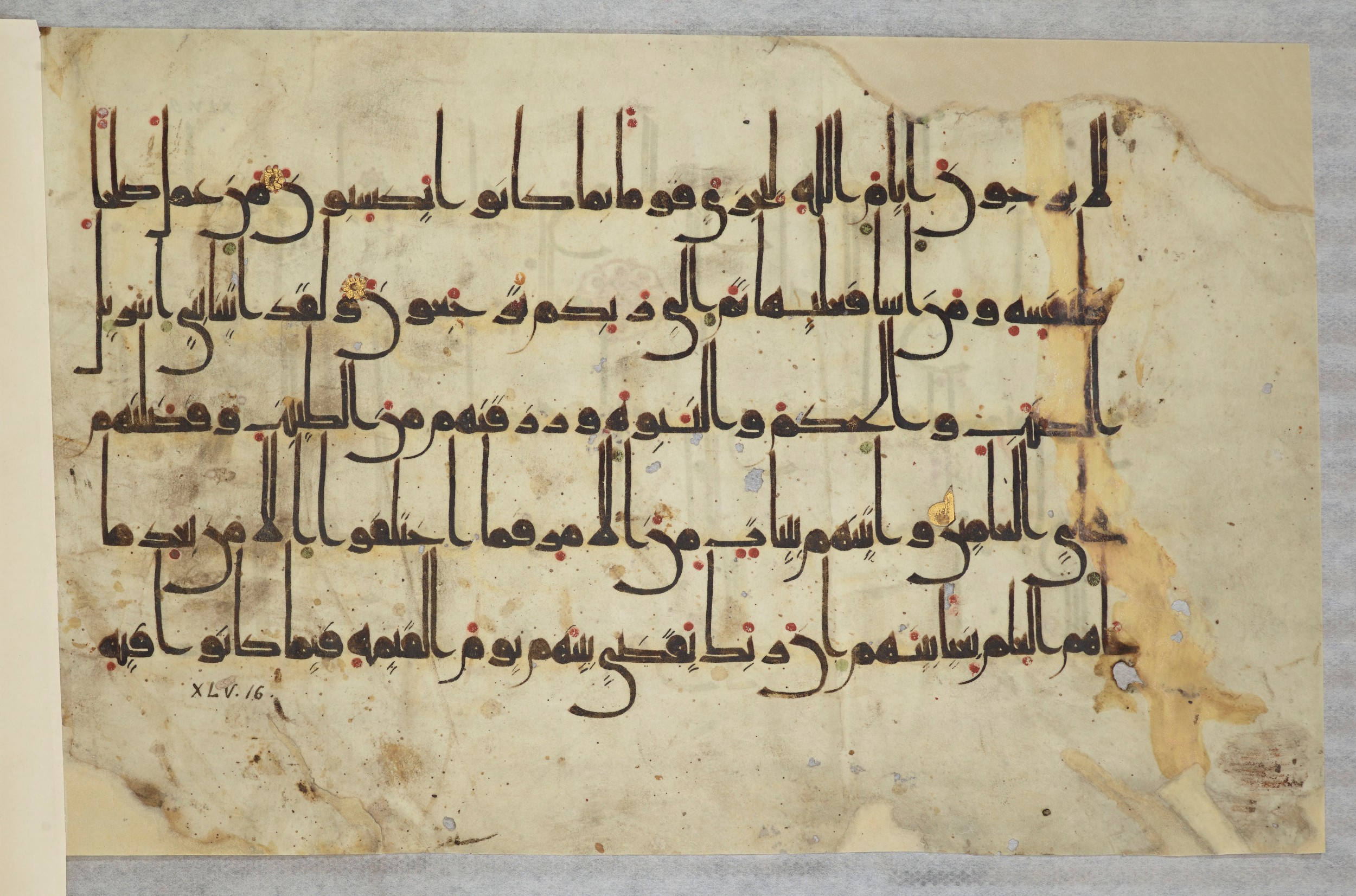 Arabe 334 (j) (Scan 2), in D V c script, showing Surah 45:16 from 9th to 10th Century AD found in Fustat (Old Cairo), Egypt, currently housed at Bibliothèque nationale de France, Paris