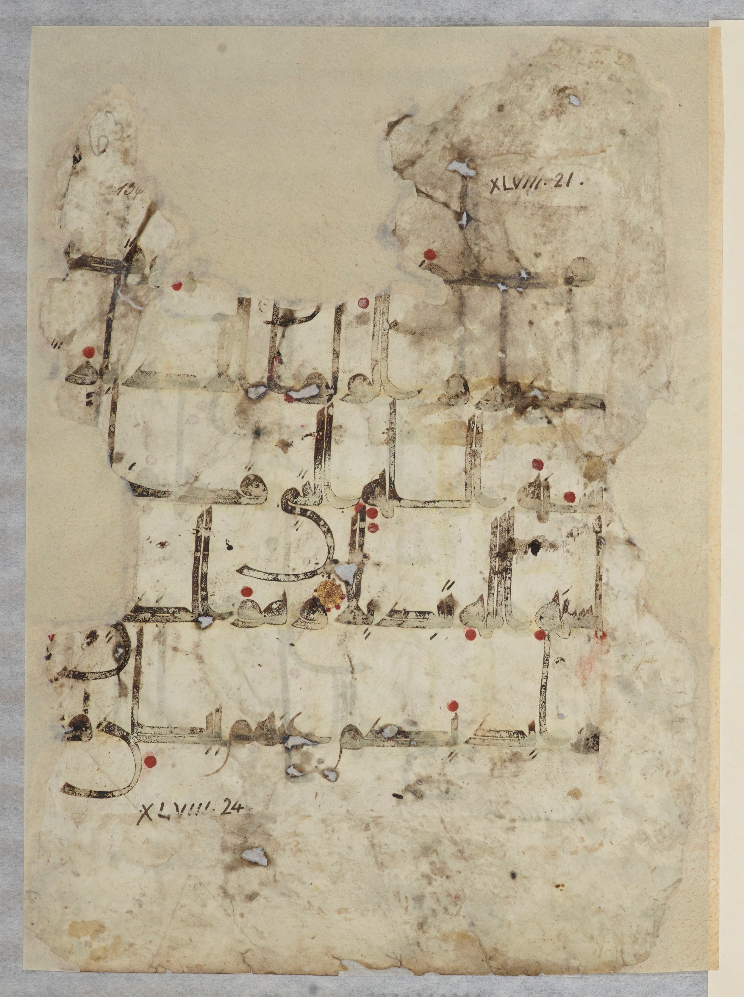 Arabe 334 (j) (Scan 2), in D V c script, showing Surah 48:21 from 9th to 10th Century AD found in Fustat (Old Cairo), Egypt, currently housed at Bibliothèque nationale de France, Paris