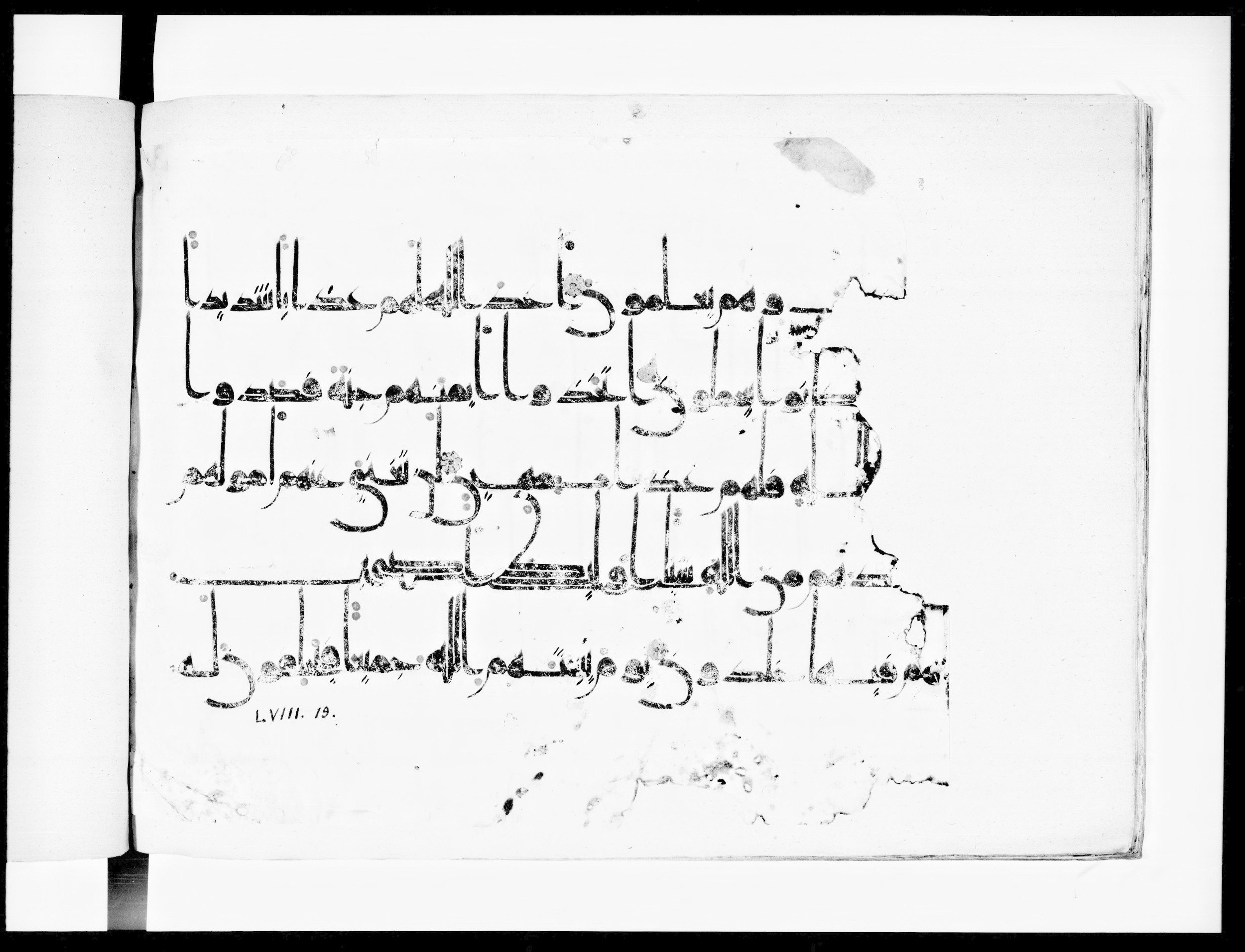 Arabe 334 (j) (Scan 1), in D V c script, showing Surah 58:17 from 9th to 10th Century AD found in Fustat (Old Cairo), Egypt, currently housed at Bibliothèque nationale de France, Paris