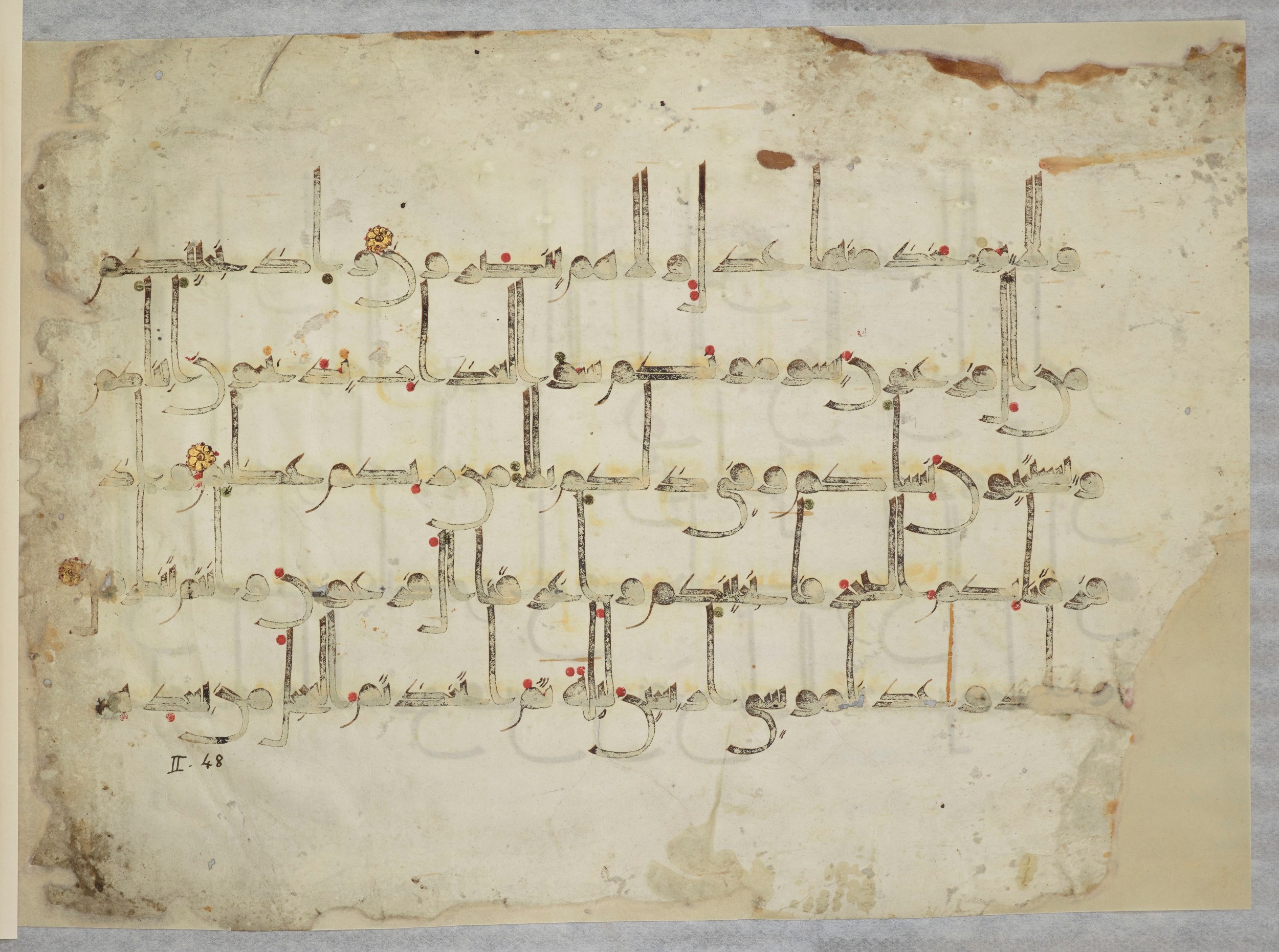 Arabe 334 (j) (Scan 2), in D V c script, showing Surah 2:49 from 9th to 10th Century AD found in Fustat (Old Cairo), Egypt, currently housed at Bibliothèque nationale de France, Paris