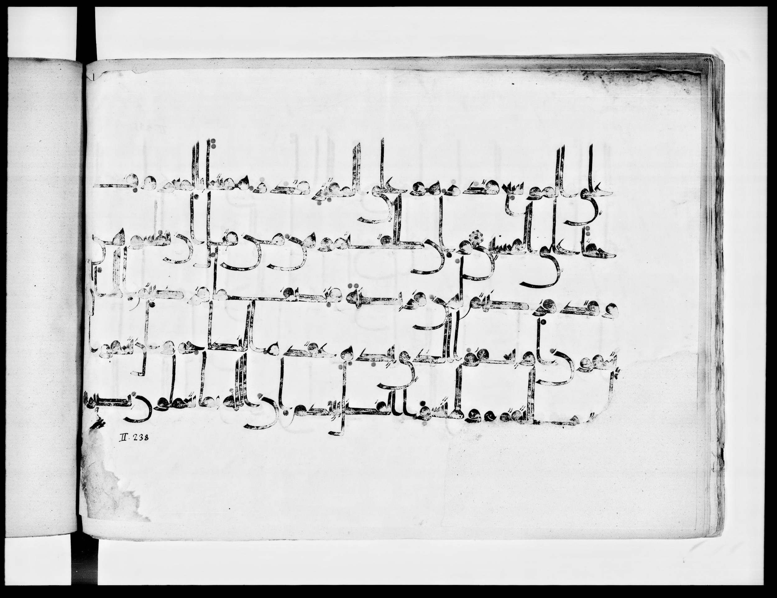 Arabe 334 (j) (Scan 1), in D V c script, showing Surah 2:237 from 9th to 10th Century AD found in Fustat (Old Cairo), Egypt, currently housed at Bibliothèque nationale de France, Paris