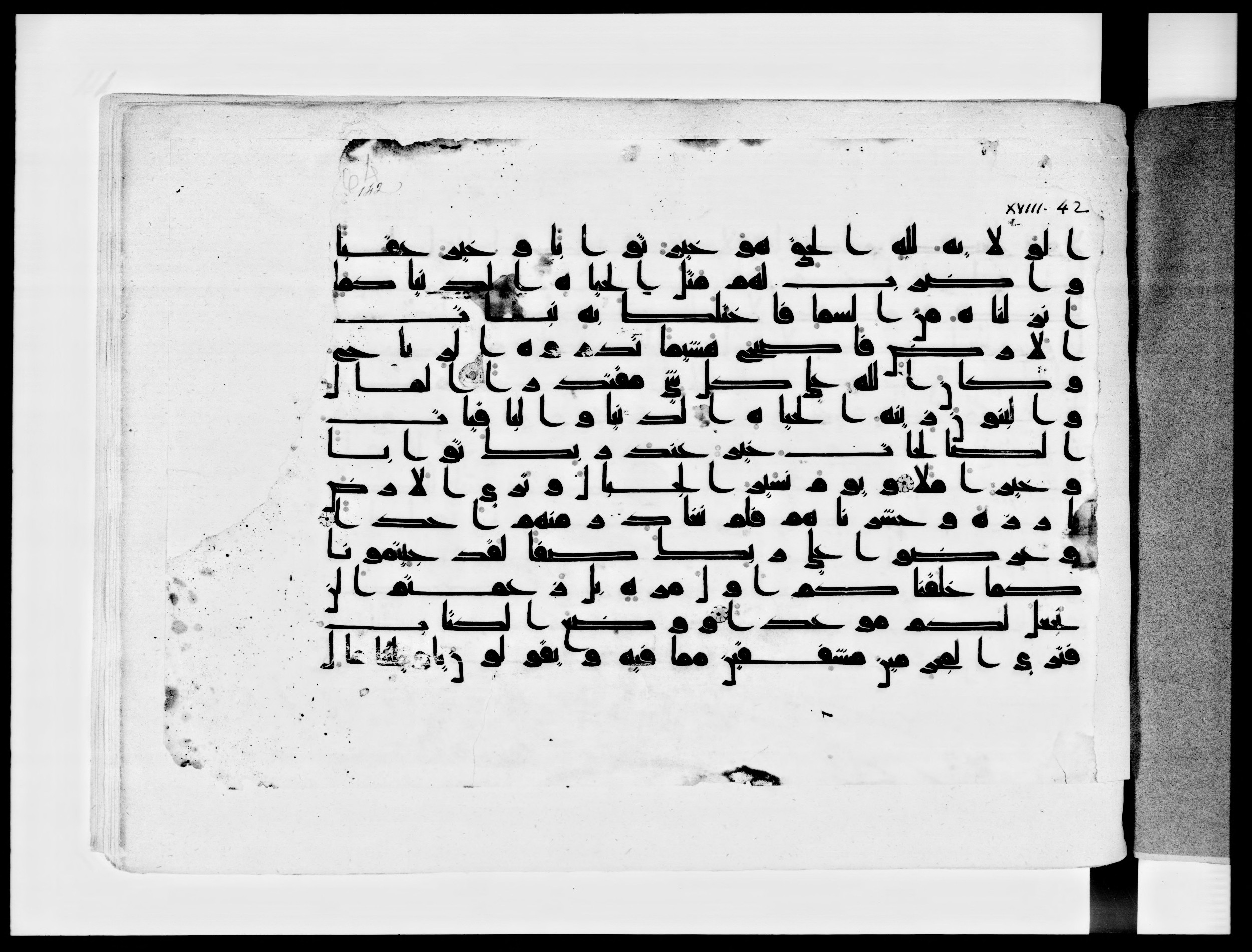 Paris, Bibliothèque nationale de France, Arabe 334 (k) (Scan 1), in Kūfī D.I script, showing Surah 18:49 from Mid 8th to Late 9th Century AD found in Fustat (Old Cairo), Egypt, currently housed at Bibliothèque nationale de France, Paris