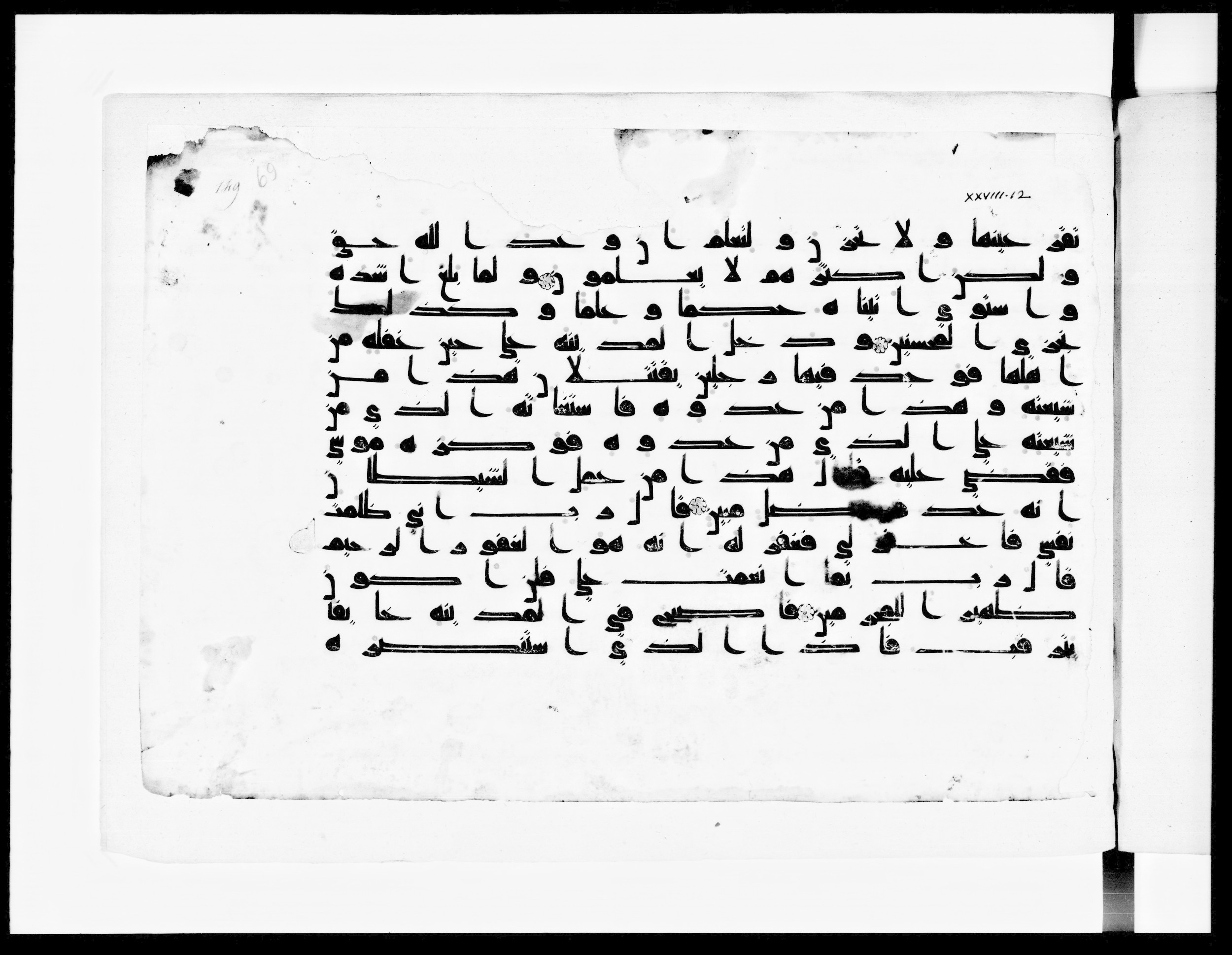 Paris, Bibliothèque nationale de France, Arabe 334 (k) (Scan 1), in Kūfī D.I script, showing Surah 28:16 from Mid 8th to Late 9th Century AD found in Fustat (Old Cairo), Egypt, currently housed at Bibliothèque nationale de France, Paris