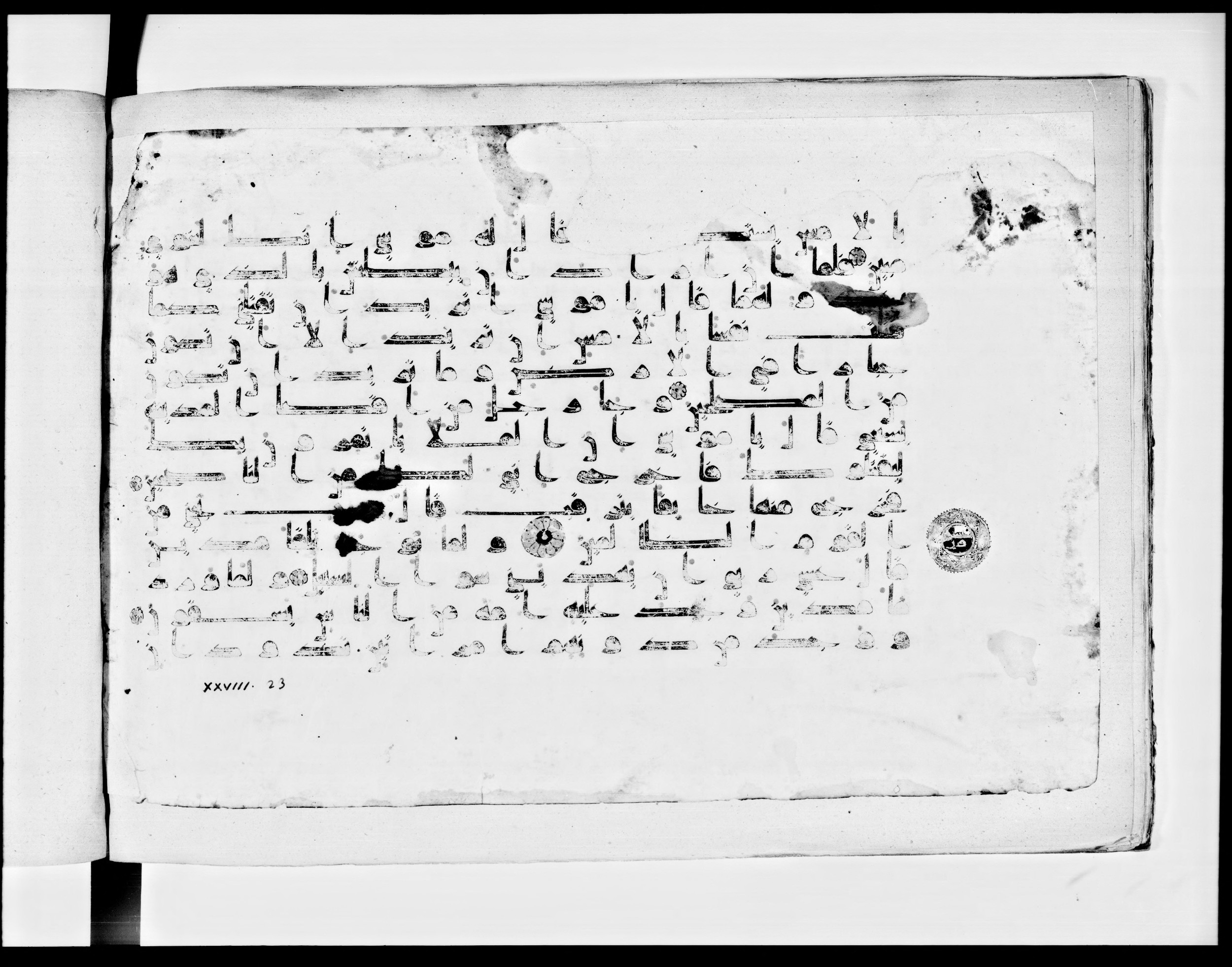 Paris, Bibliothèque nationale de France, Arabe 334 (k) (Scan 1), in Kūfī D.I script, showing Surah 28:23 from Mid 8th to Late 9th Century AD found in Fustat (Old Cairo), Egypt, currently housed at Bibliothèque nationale de France, Paris