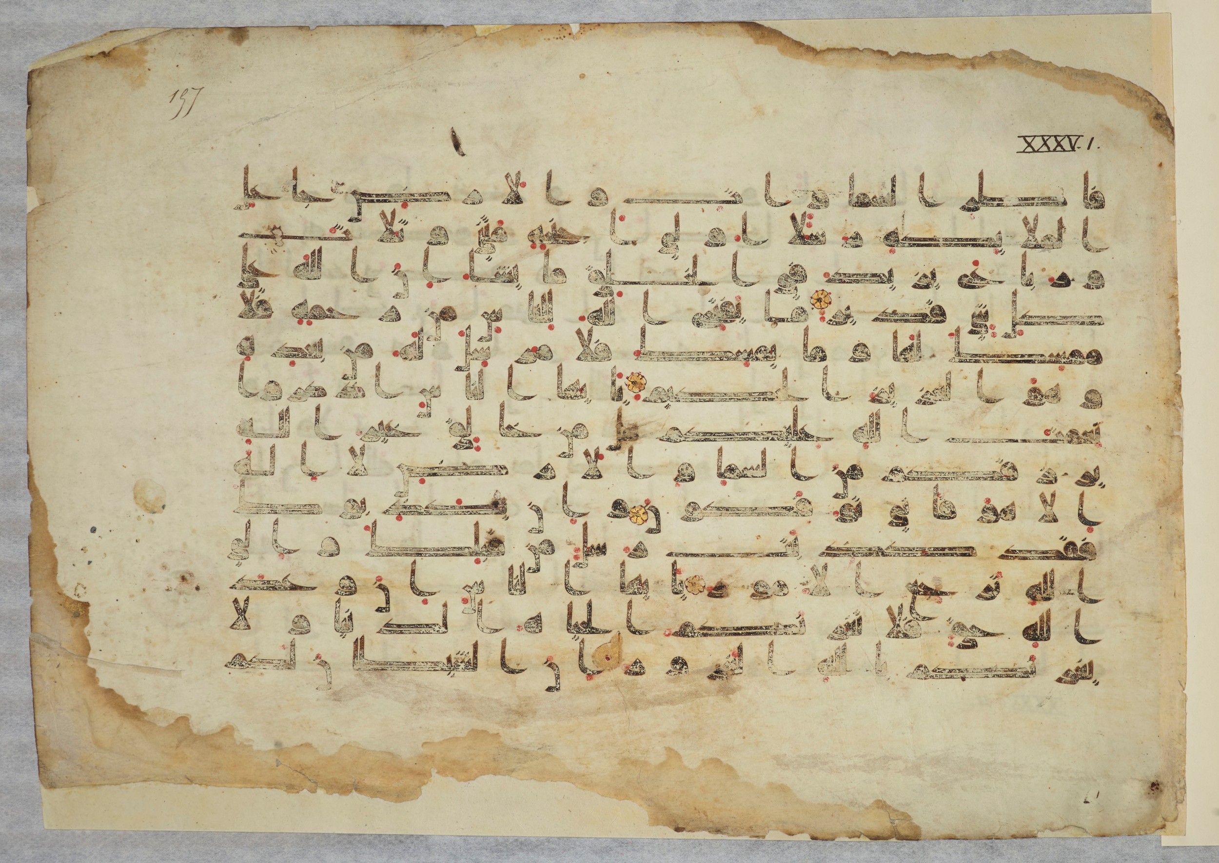 Paris, Bibliothèque nationale de France, Arabe 334 (k) (Scan 2), in Kūfī D.I script, showing Surah 35:4 from Mid 8th to Late 9th Century AD found in Fustat (Old Cairo), Egypt, currently housed at Bibliothèque nationale de France, Paris