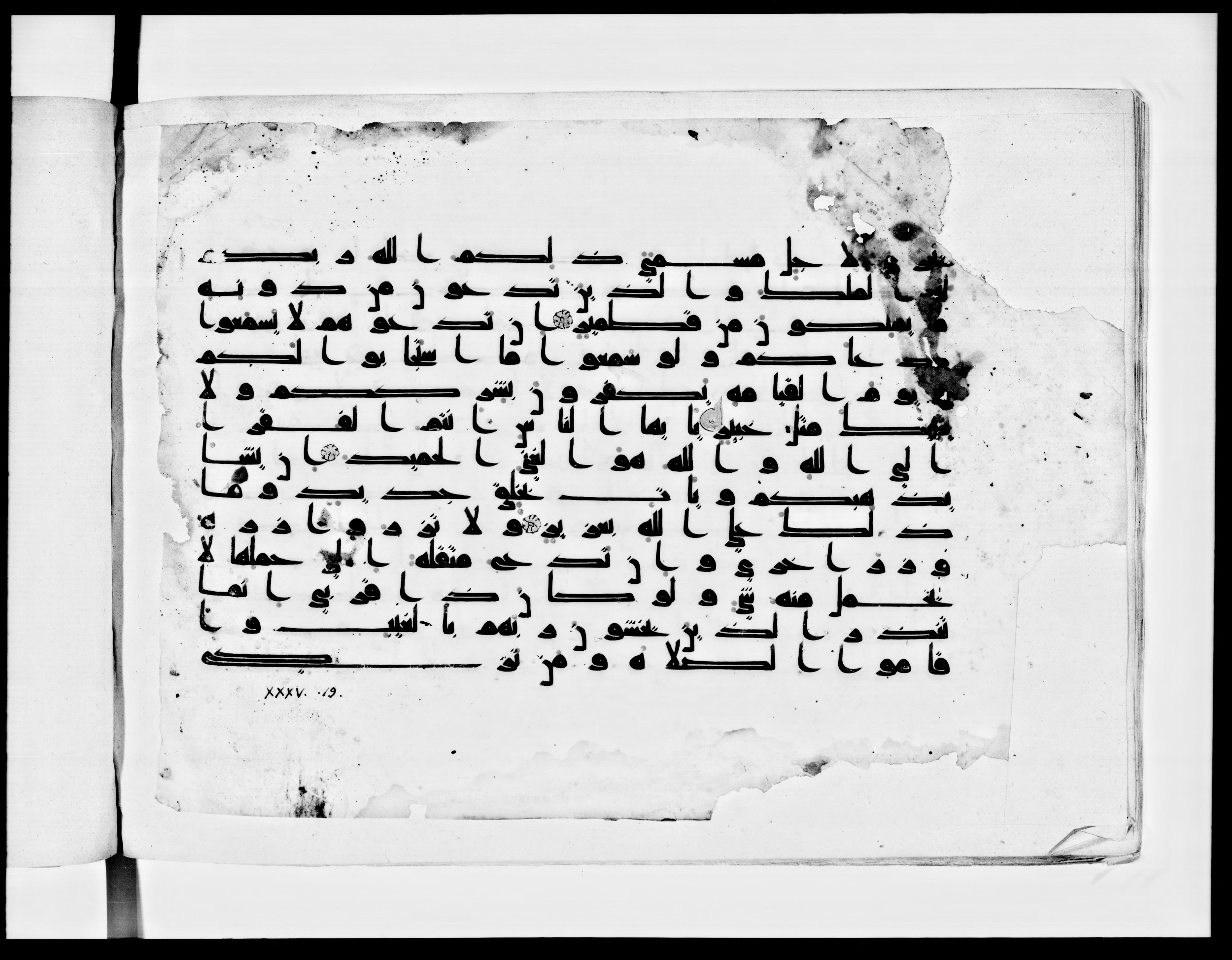 Paris, Bibliothèque nationale de France, Arabe 334 (k) (Scan 1), in Kūfī D.I script, showing Surah 35:16 from Mid 8th to Late 9th Century AD found in Fustat (Old Cairo), Egypt, currently housed at Bibliothèque nationale de France, Paris