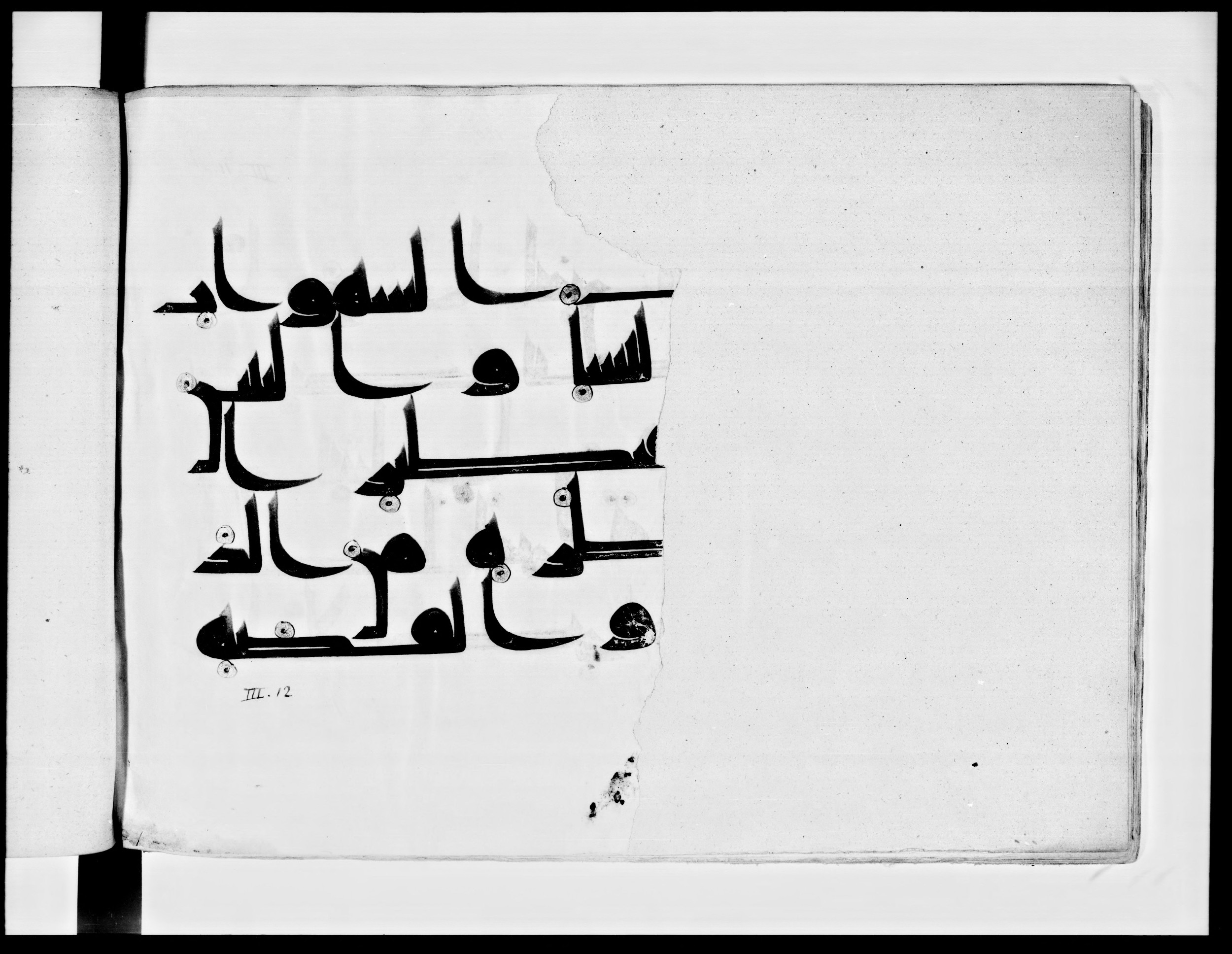 Paris, Bibliothèque nationale de France, Arabe 334 (l) (Scan 1), in Kūfī D.III script, showing Surah 3:14 from Mid 8th to Late 9th Century AD found in Fustat (Old Cairo), Egypt, currently housed at Bibliothèque nationale de France, Paris