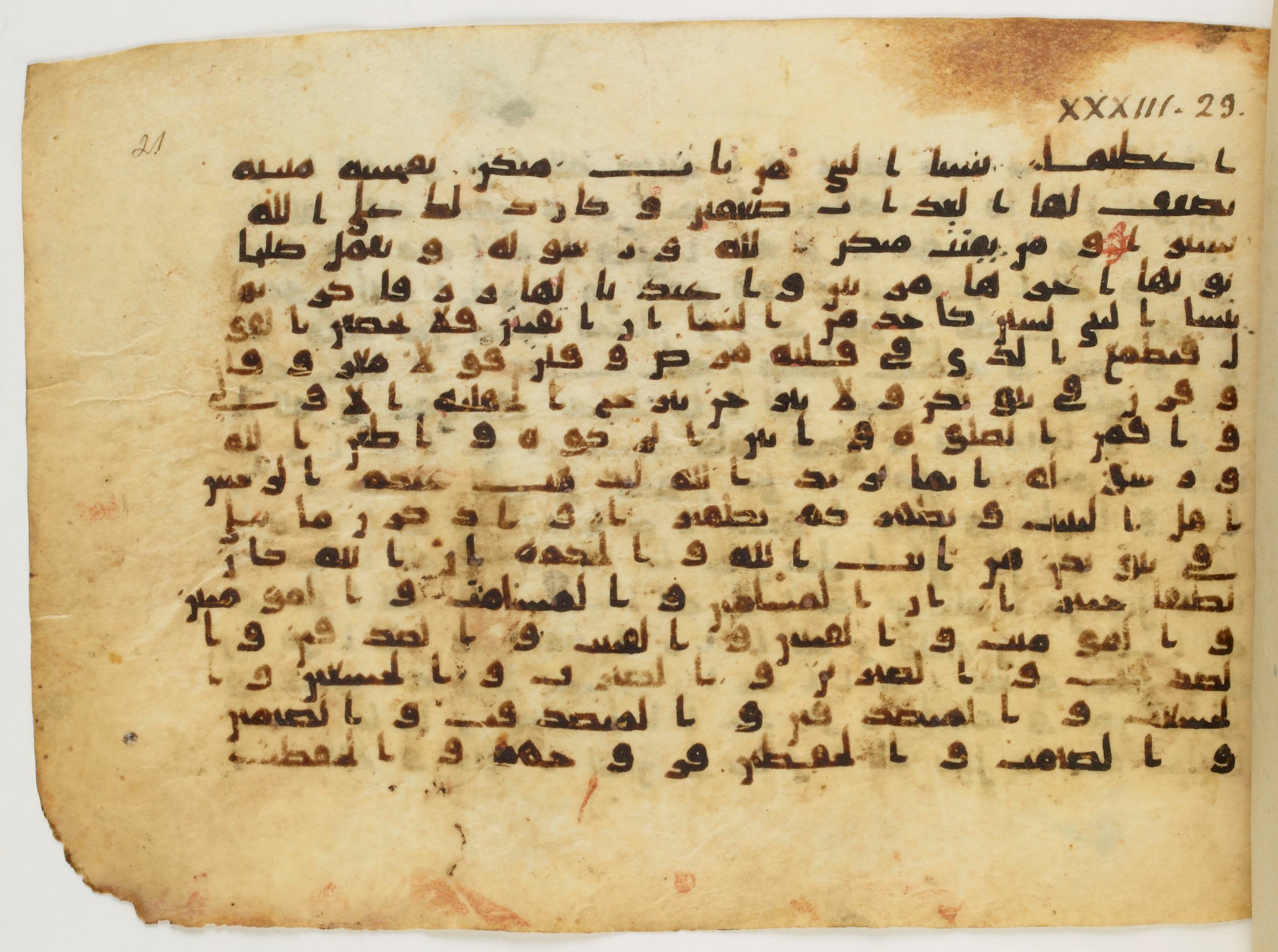 Arabe 340 (b), in Unclassified (Analogous to Early Abbasid Groups A and B) script, showing Surah 33:32 from 8th to 9th Century AD found in Fustat (Old Cairo), Egypt, currently housed at Bibliothèque nationale de France, Paris