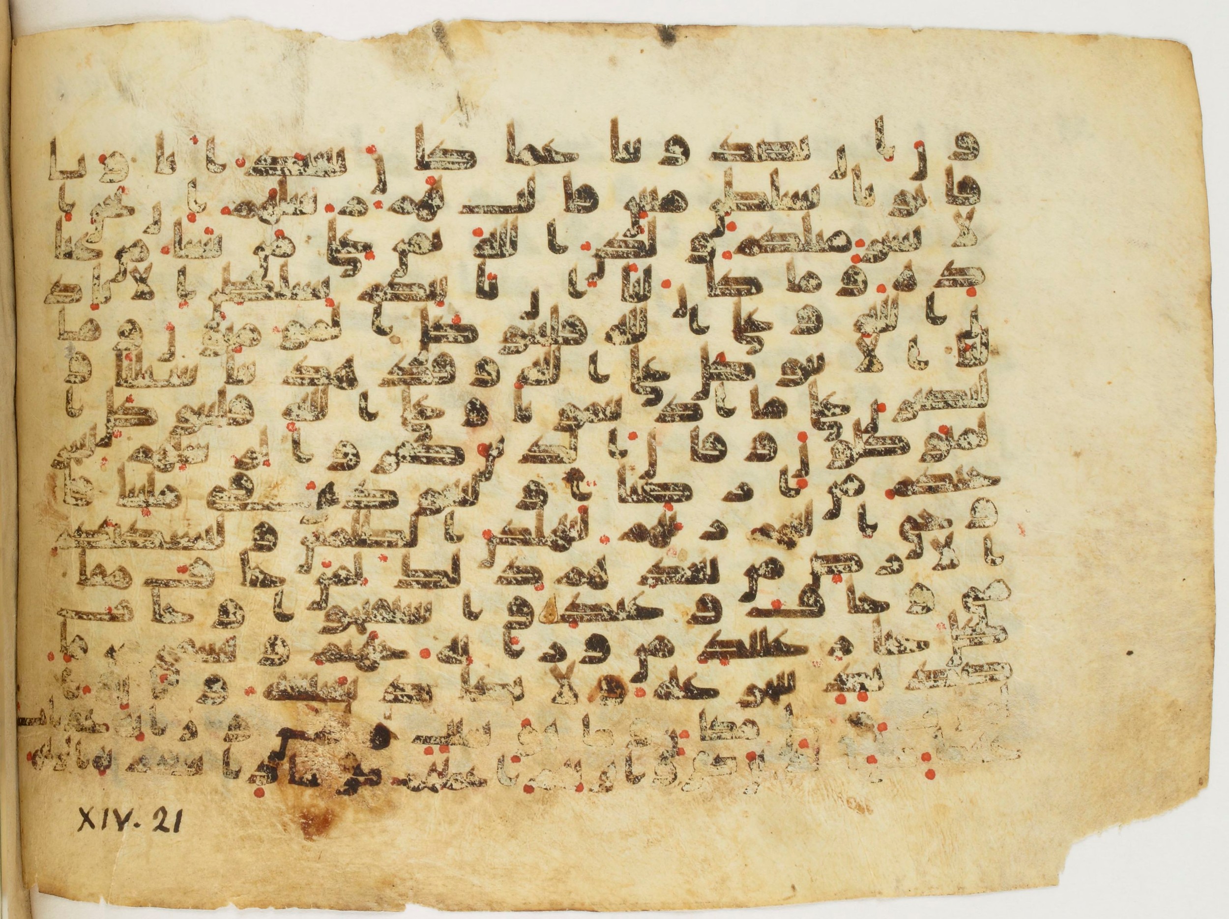 Paris, Bibliothèque nationale de France, Arabe 340 (c), in Kūfī B.II script, showing Surah 14:13 from Mid 8th to Late 9th Century AD found in al-Fusṭāṭ (Old Cairo), Egypt, currently housed at Bibliothèque nationale de France, Paris
