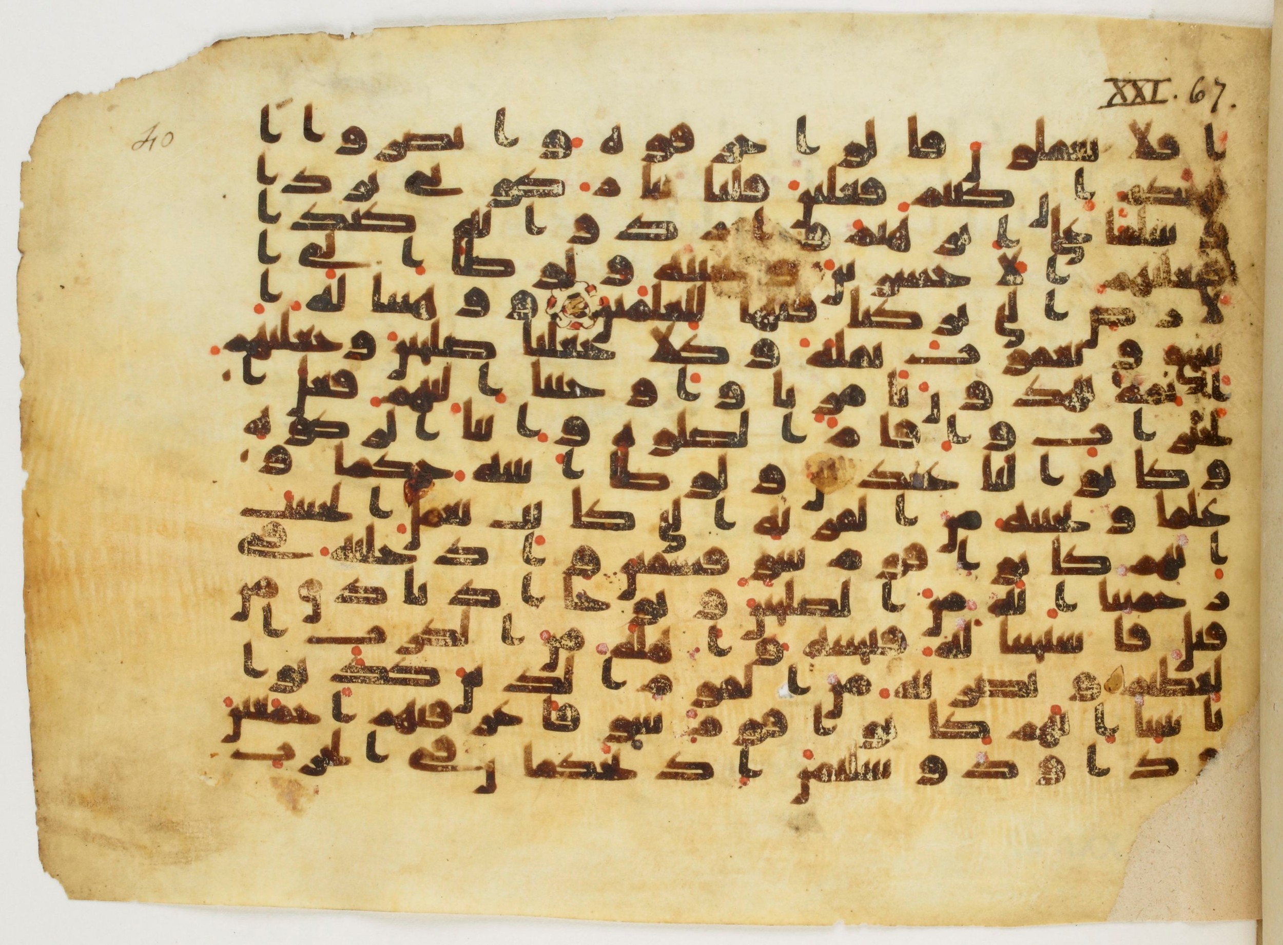 Paris, Bibliothèque nationale de France, Arabe 340 (c), in Kūfī B.II script, showing Surah 21:67 from Mid 8th to Late 9th Century AD found in al-Fusṭāṭ (Old Cairo), Egypt, currently housed at Bibliothèque nationale de France, Paris