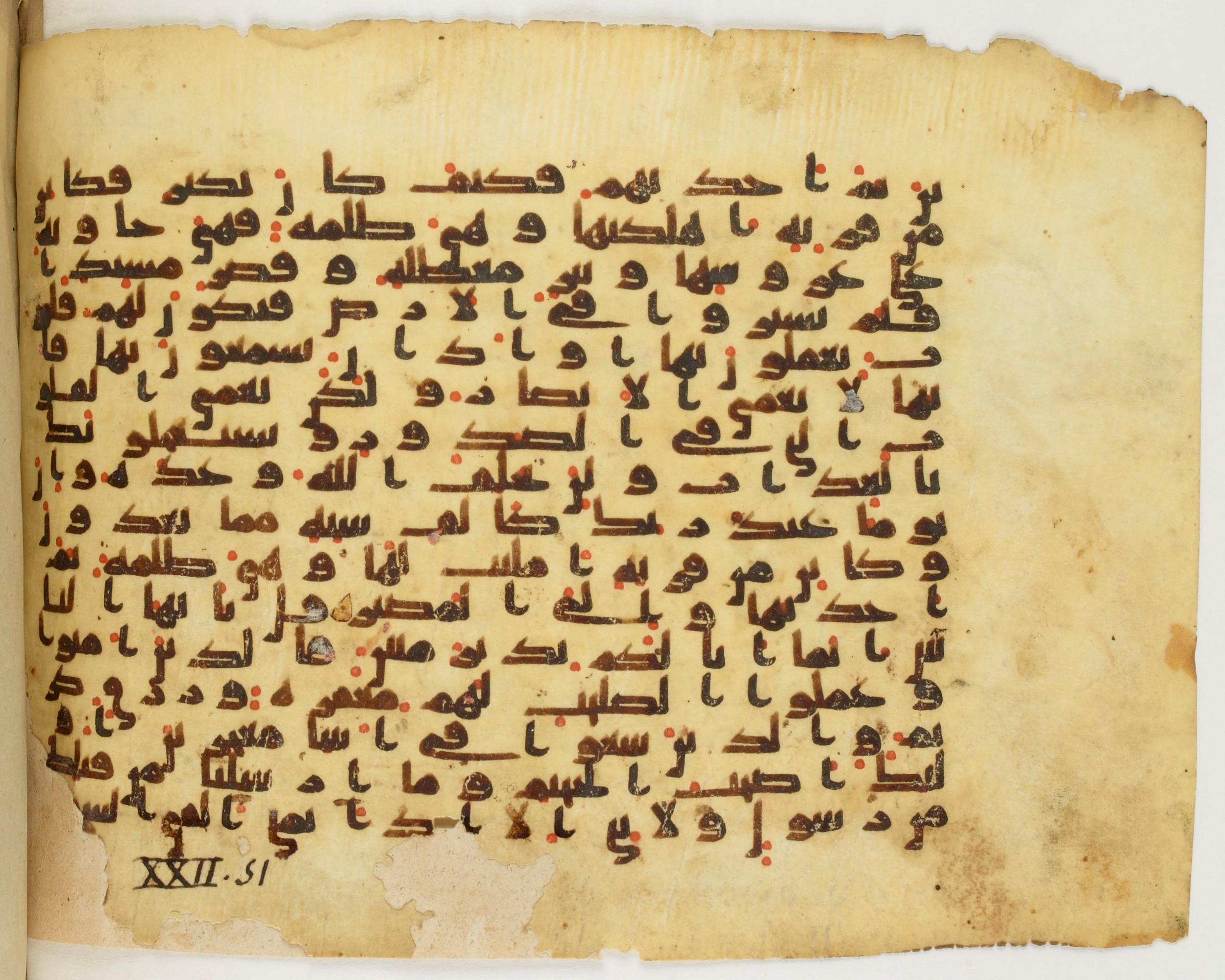 Paris, Bibliothèque nationale de France, Arabe 340 (c), in Kūfī B.II script, showing Surah 22:49 from Mid 8th to Late 9th Century AD found in al-Fusṭāṭ (Old Cairo), Egypt, currently housed at Bibliothèque nationale de France, Paris