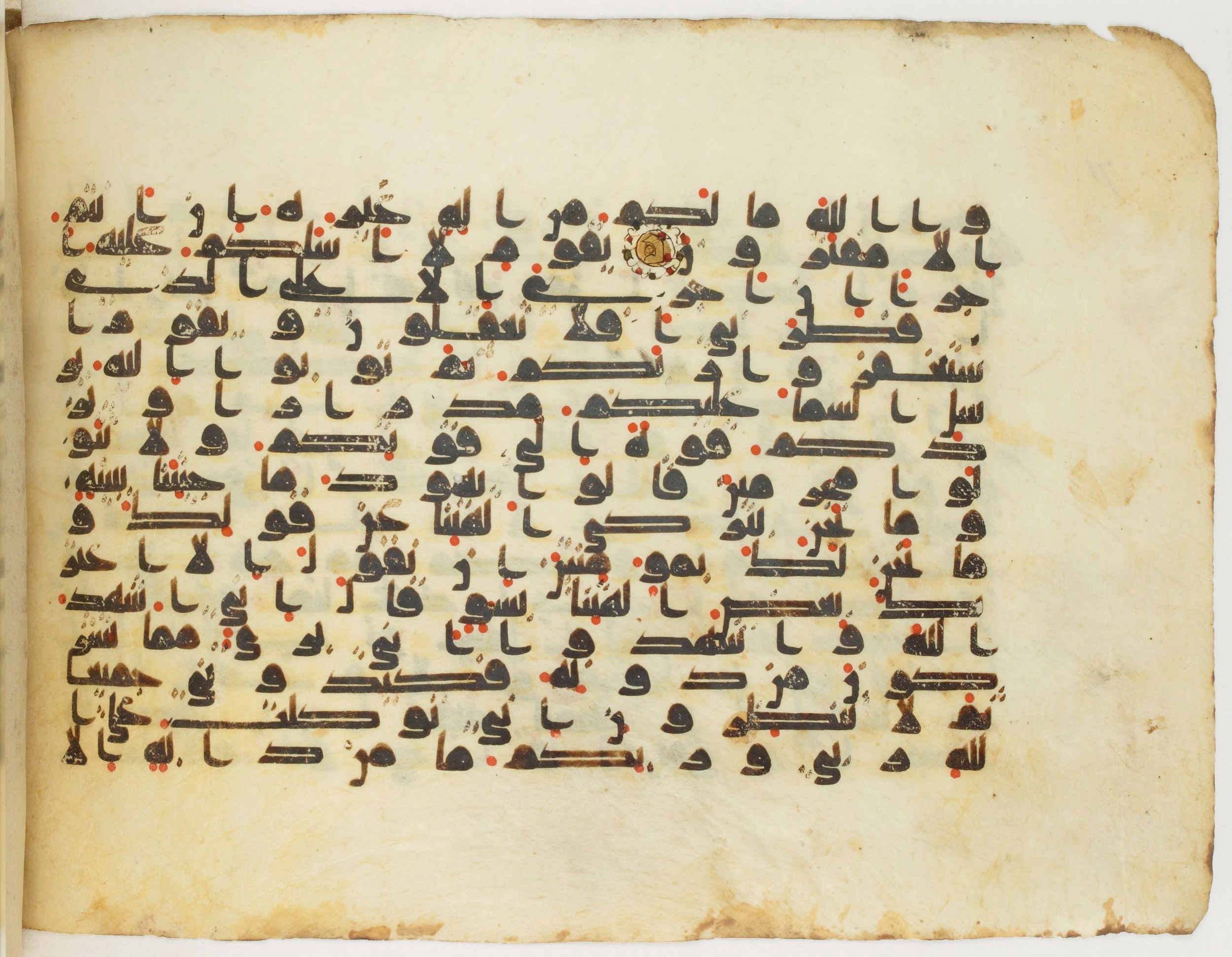 Arabe 340 (e) (Scan 1), in Kufic D.IV script, showing Surah 11:56 from Mid 8th to Late 10th Century AD found in al-Fusṭāṭ (Old Cairo), Egypt, currently housed at Bibliothèque nationale de France, Paris
