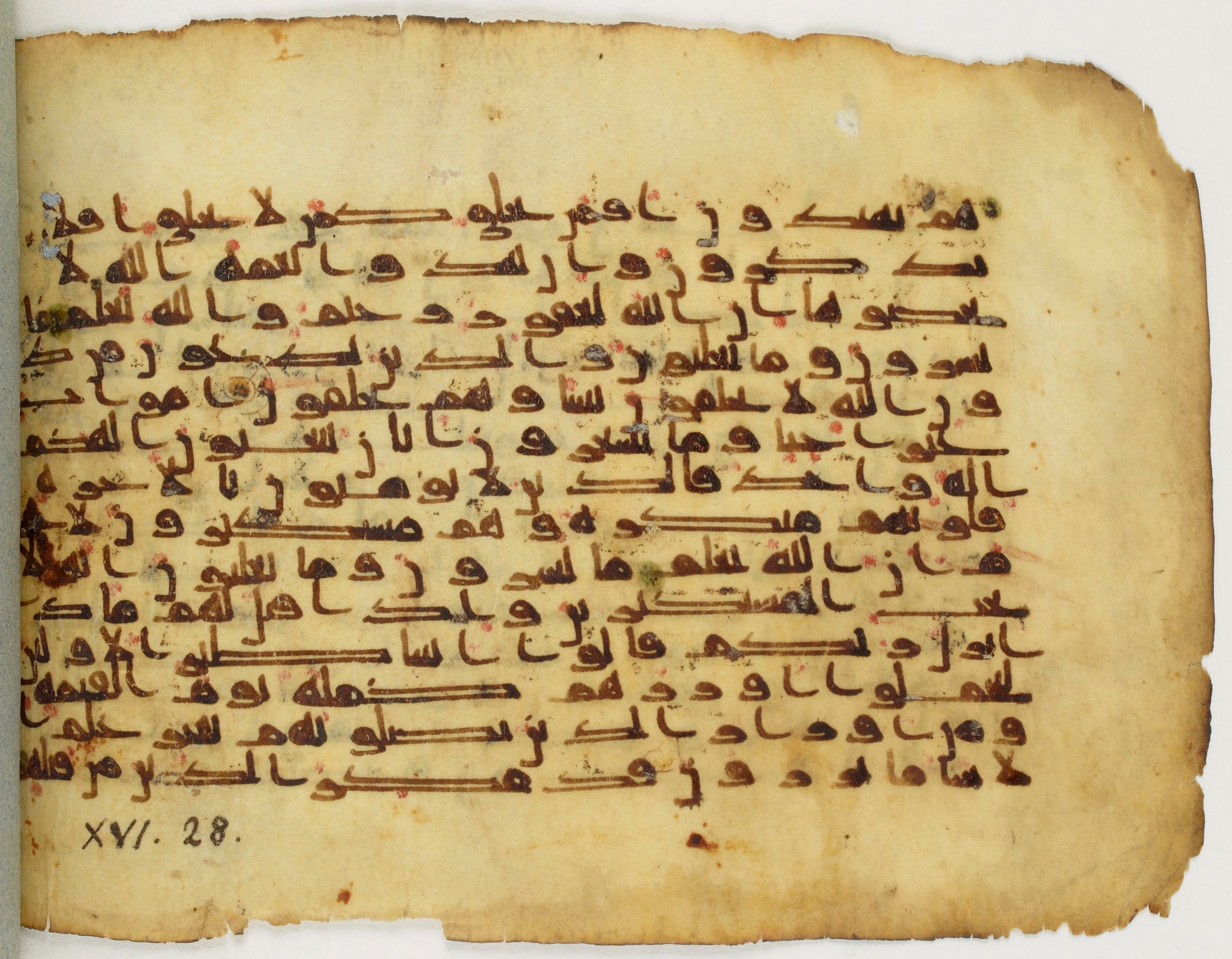 Paris, Bibliothèque nationale de France, Arabe 340 (g), in Kūfī D common script, showing Surah 16:21 from Mid 8th to Late 10th Century AD found in Fustat (Old Cairo), Egypt, currently housed at Bibliothèque nationale de France, Paris