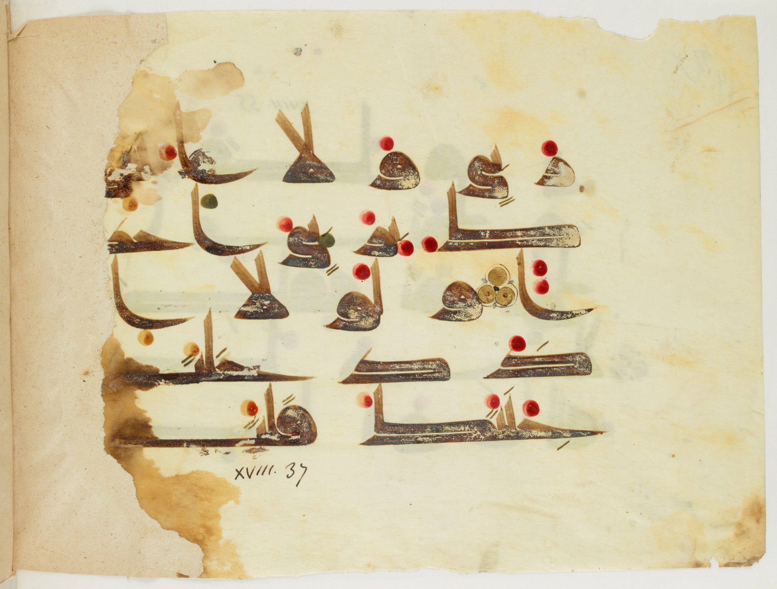Paris, Bibliothèque nationale de France, Arabe 341 (b), in Kūfī D.III script, showing Surah 18:39 from Mid-8th to Late 9th Century AD found in Fustat (Old Cairo), Egypt, currently housed at Bibliothèque nationale de France, Paris