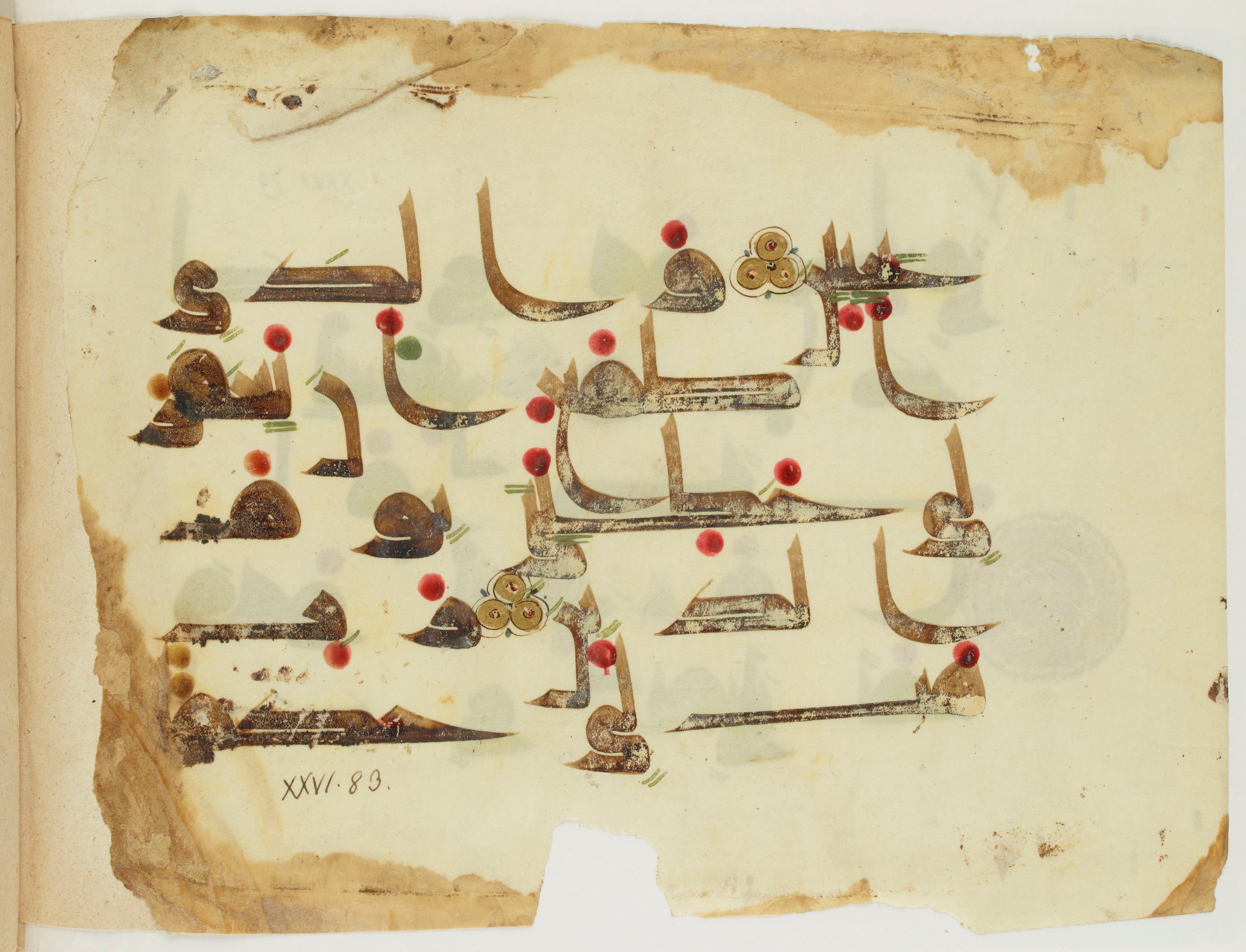 Paris, Bibliothèque nationale de France, Arabe 341 (b), in Kūfī D.III script, showing Surah 26:83 from Mid-8th to Late 9th Century AD found in Fustat (Old Cairo), Egypt, currently housed at Bibliothèque nationale de France, Paris