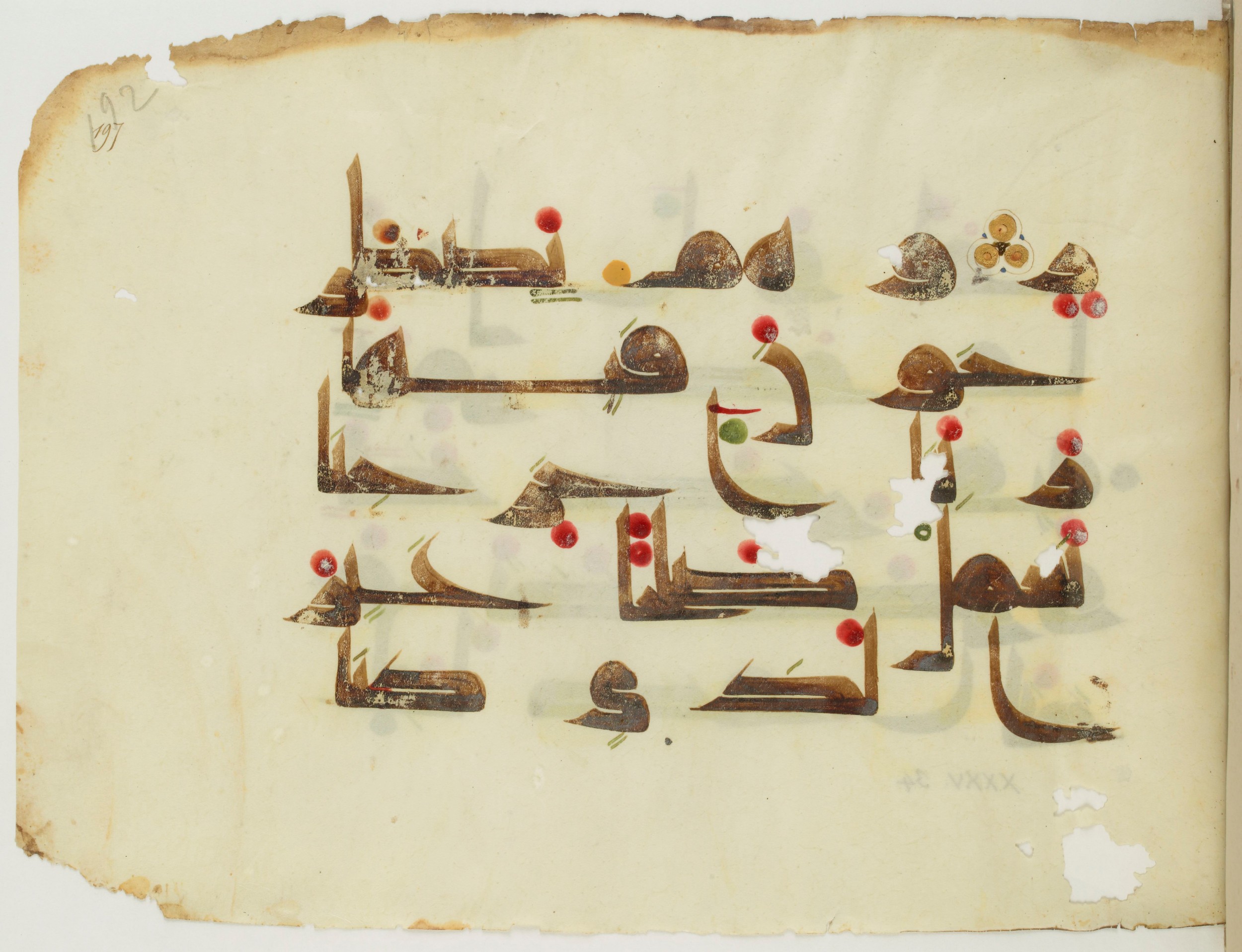 Paris, Bibliothèque nationale de France, Arabe 341 (b) (Scan 1), in Kūfī D.III script, showing Surah 35:37 from Mid-8th to Late 9th Century AD found in Fustat (Old Cairo), Egypt, currently housed at Bibliothèque nationale de France, Paris