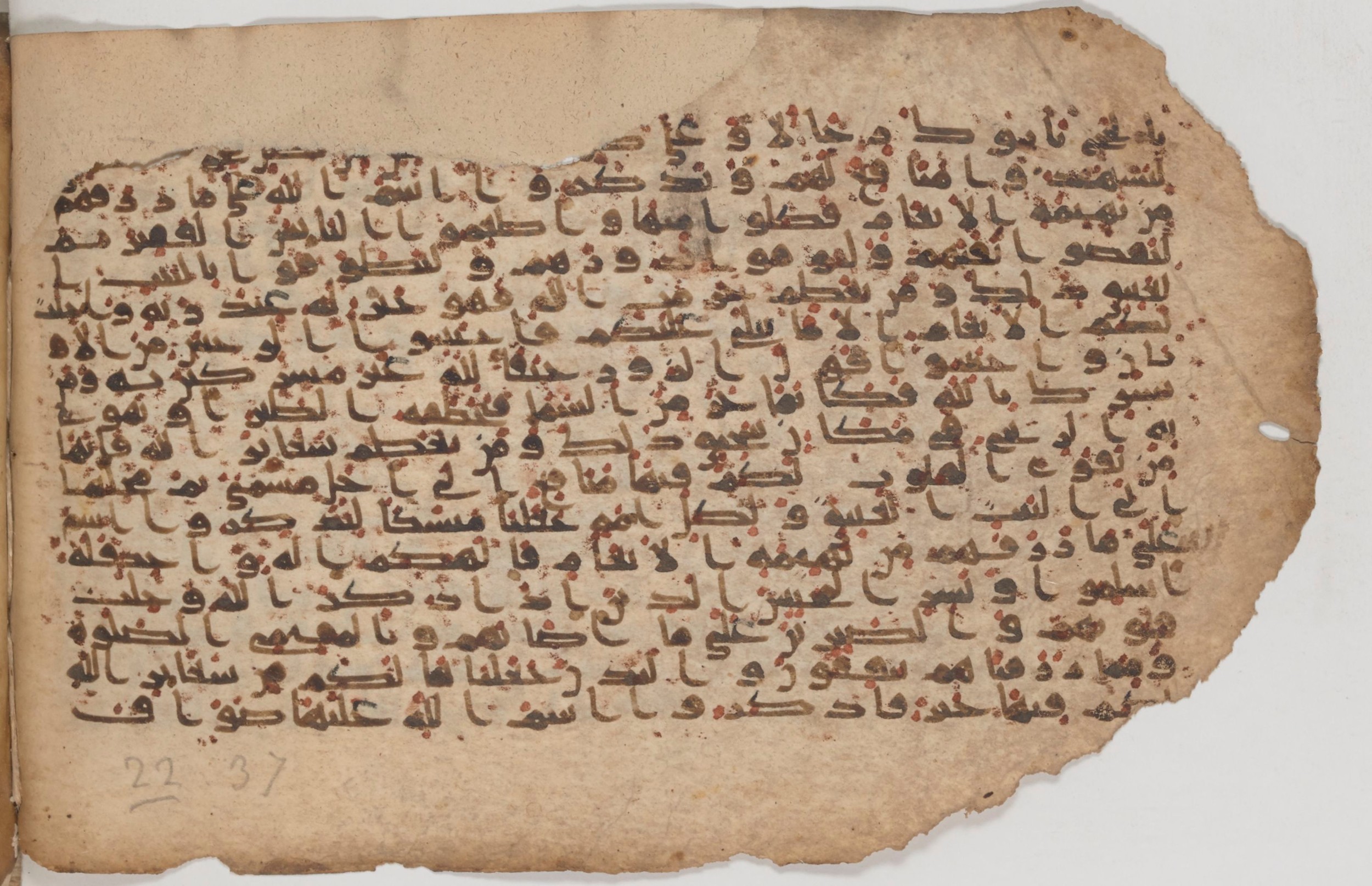Paris, Bibliothèque nationale de France, Arabe 343, in Kūfī D script, showing Surah 22:33 from Mid 8th to Late 9th Century AD found in Fustat (Old Cairo), Egypt, currently housed at Bibliothèque nationale de France, Paris