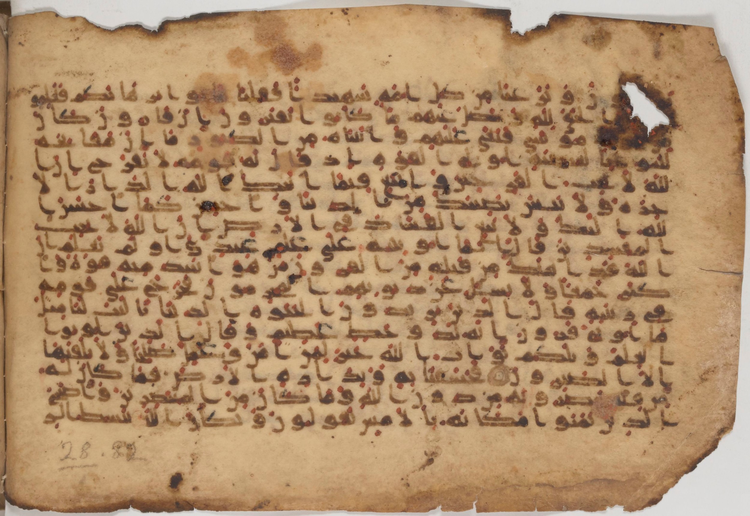 Paris, Bibliothèque nationale de France, Arabe 343, in Kūfī D script, showing Surah 28:76 from Mid 8th to Late 9th Century AD found in Fustat (Old Cairo), Egypt, currently housed at Bibliothèque nationale de France, Paris