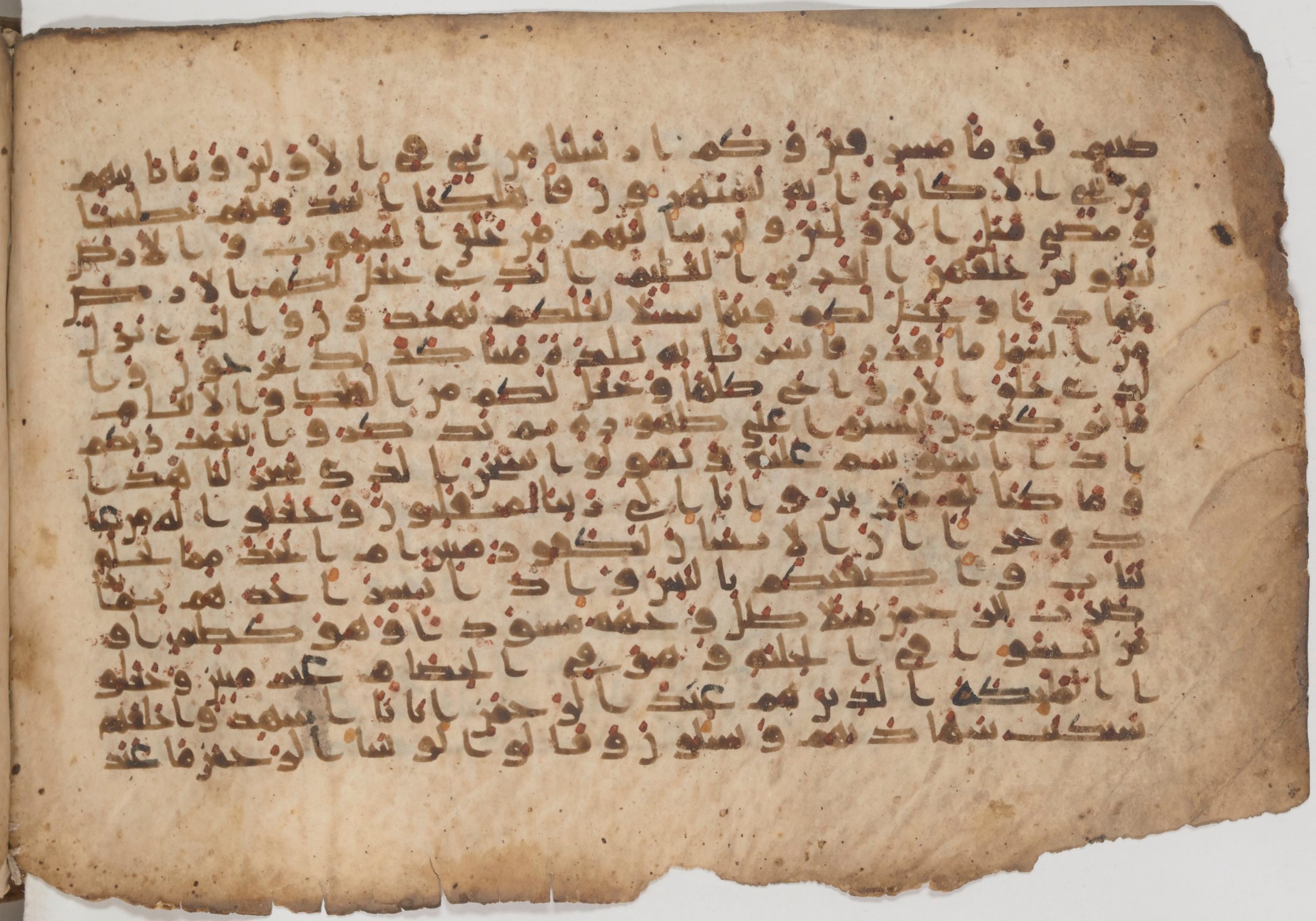 Paris, Bibliothèque nationale de France, Arabe 343, in Kūfī D script, showing Surah 43:13 from Mid 8th to Late 9th Century AD found in Fustat (Old Cairo), Egypt, currently housed at Bibliothèque nationale de France, Paris