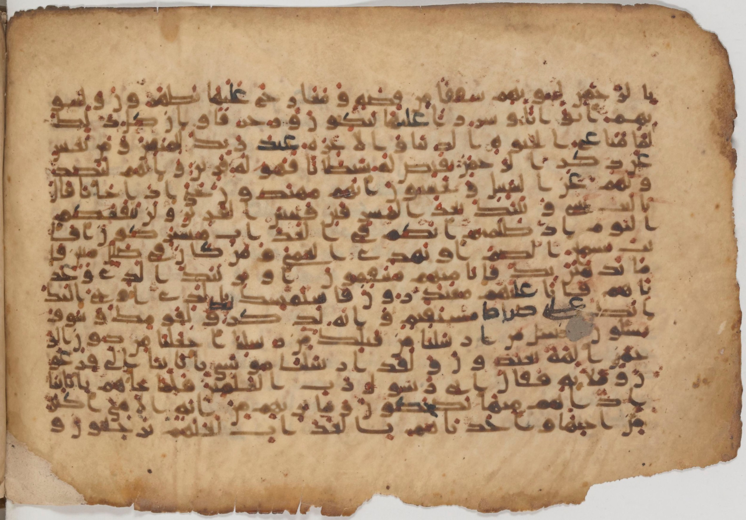 Paris, Bibliothèque nationale de France, Arabe 343, in Kūfī D script, showing Surah 43:39 from Mid 8th to Late 9th Century AD found in Fustat (Old Cairo), Egypt, currently housed at Bibliothèque nationale de France, Paris