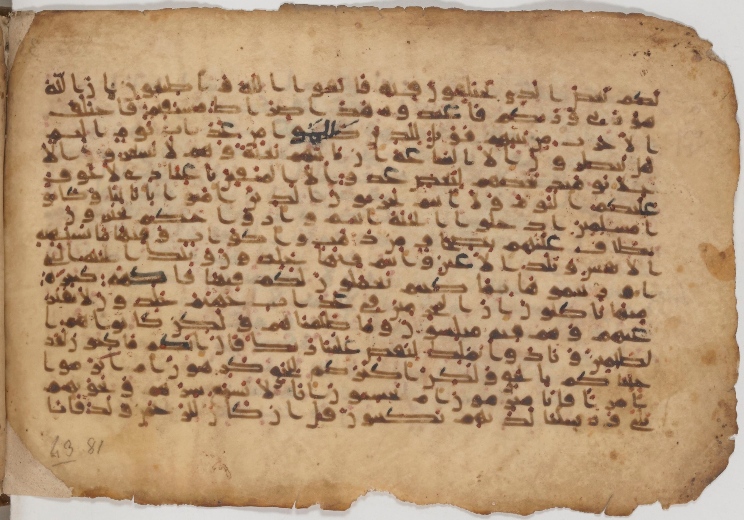 Paris, Bibliothèque nationale de France, Arabe 343, in Kūfī D script, showing Surah 43:71 from Mid 8th to Late 9th Century AD found in Fustat (Old Cairo), Egypt, currently housed at Bibliothèque nationale de France, Paris