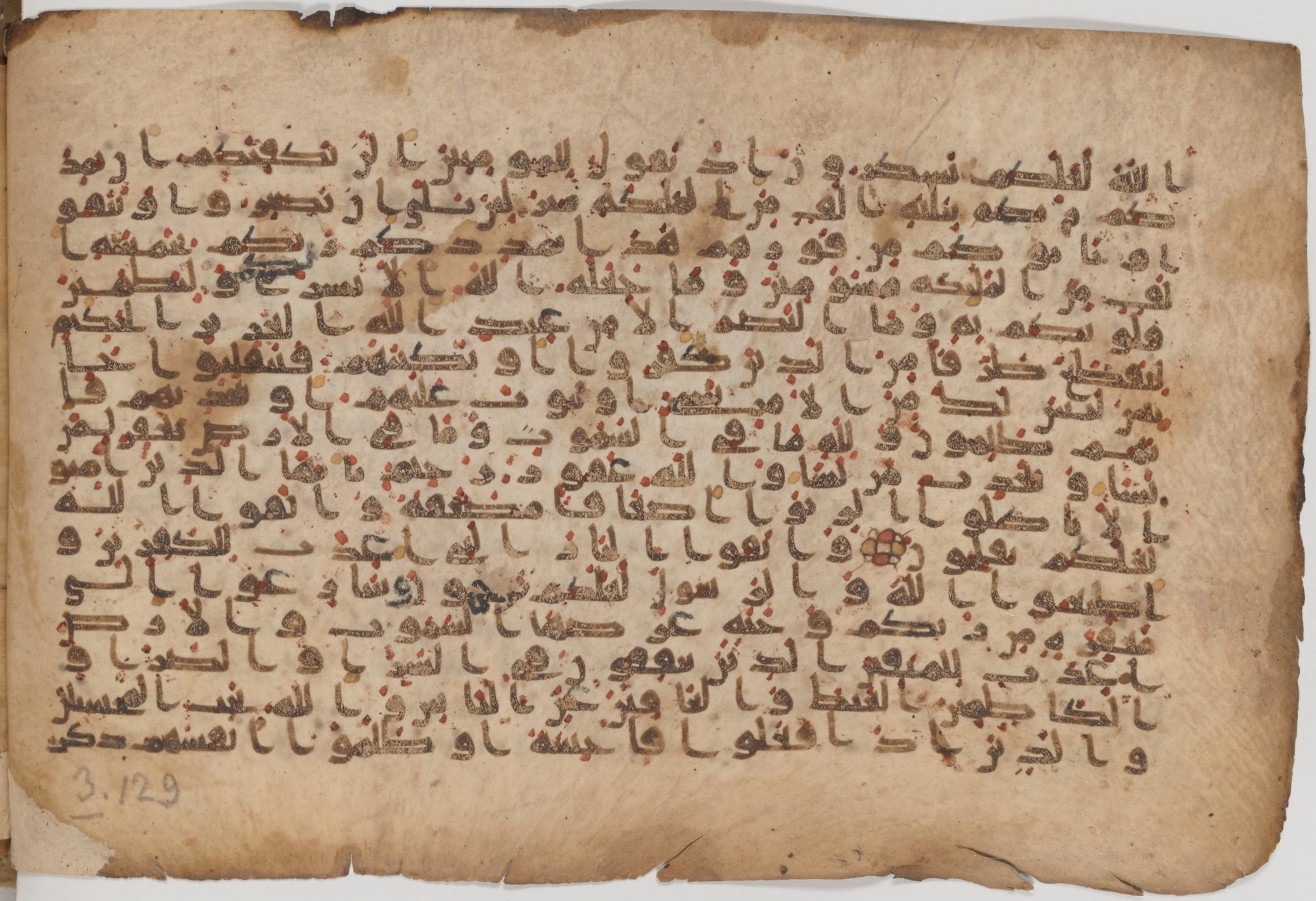 Paris, Bibliothèque nationale de France, Arabe 343, in Kūfī D script, showing Surah 3:129 from Mid 8th to Late 9th Century AD found in Fustat (Old Cairo), Egypt, currently housed at Bibliothèque nationale de France, Paris