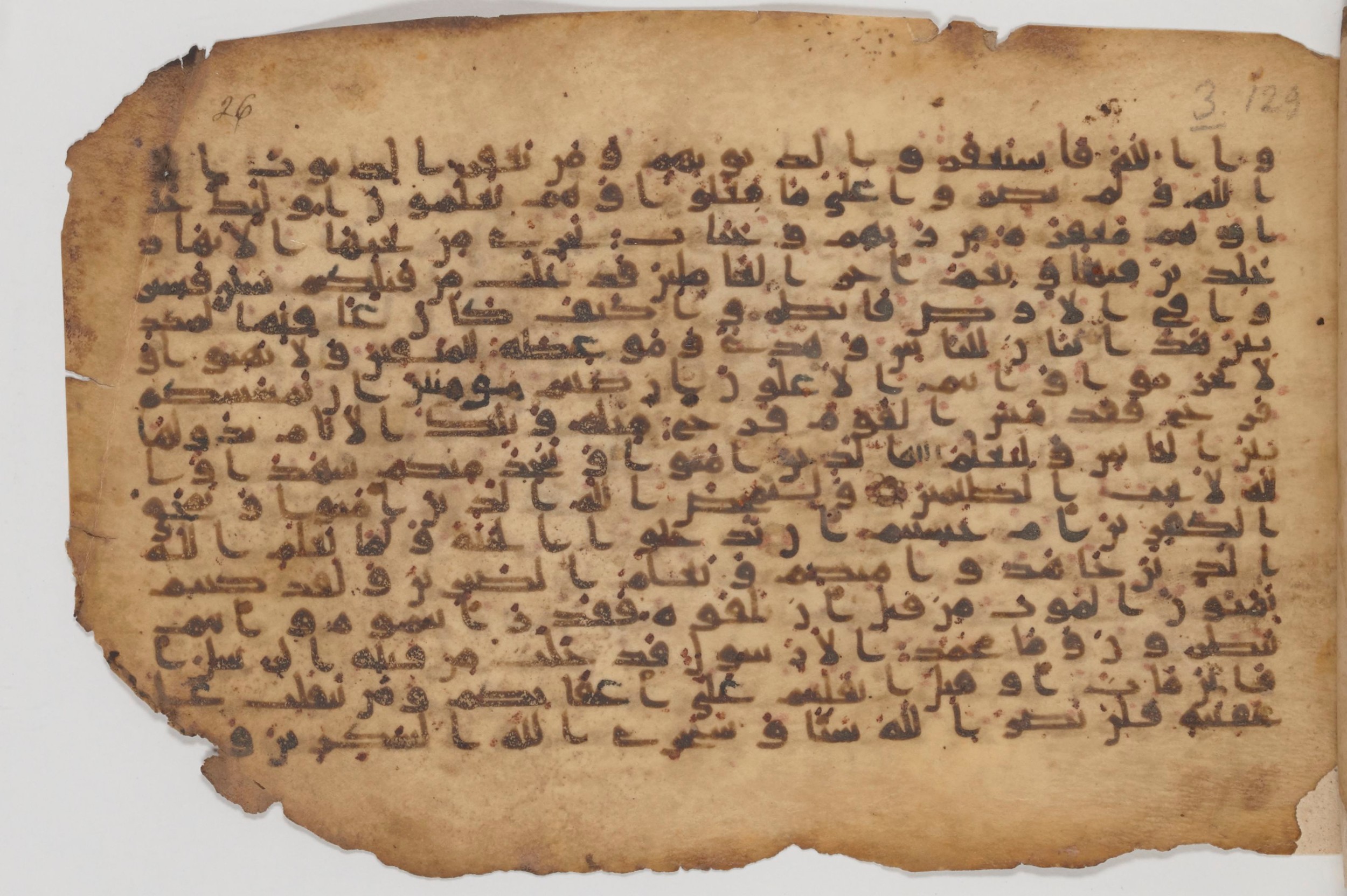 Paris, Bibliothèque nationale de France, Arabe 343, in Kūfī D script, showing Surah 3:136 from Mid 8th to Late 9th Century AD found in Fustat (Old Cairo), Egypt, currently housed at Bibliothèque nationale de France, Paris