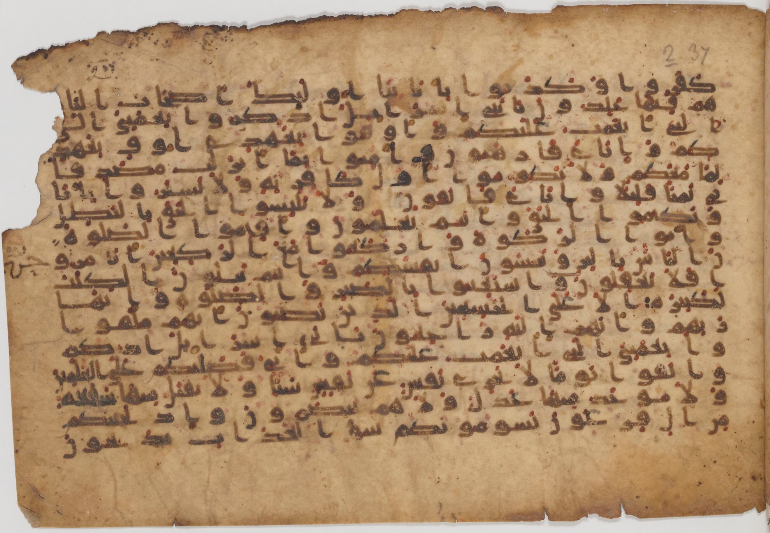 Paris, Bibliothèque nationale de France, Arabe 343 (Scan 1), in Kūfī D script, showing Surah 2:49 from Mid 8th to Late 9th Century AD found in Fustat (Old Cairo), Egypt, currently housed at Bibliothèque nationale de France, Paris