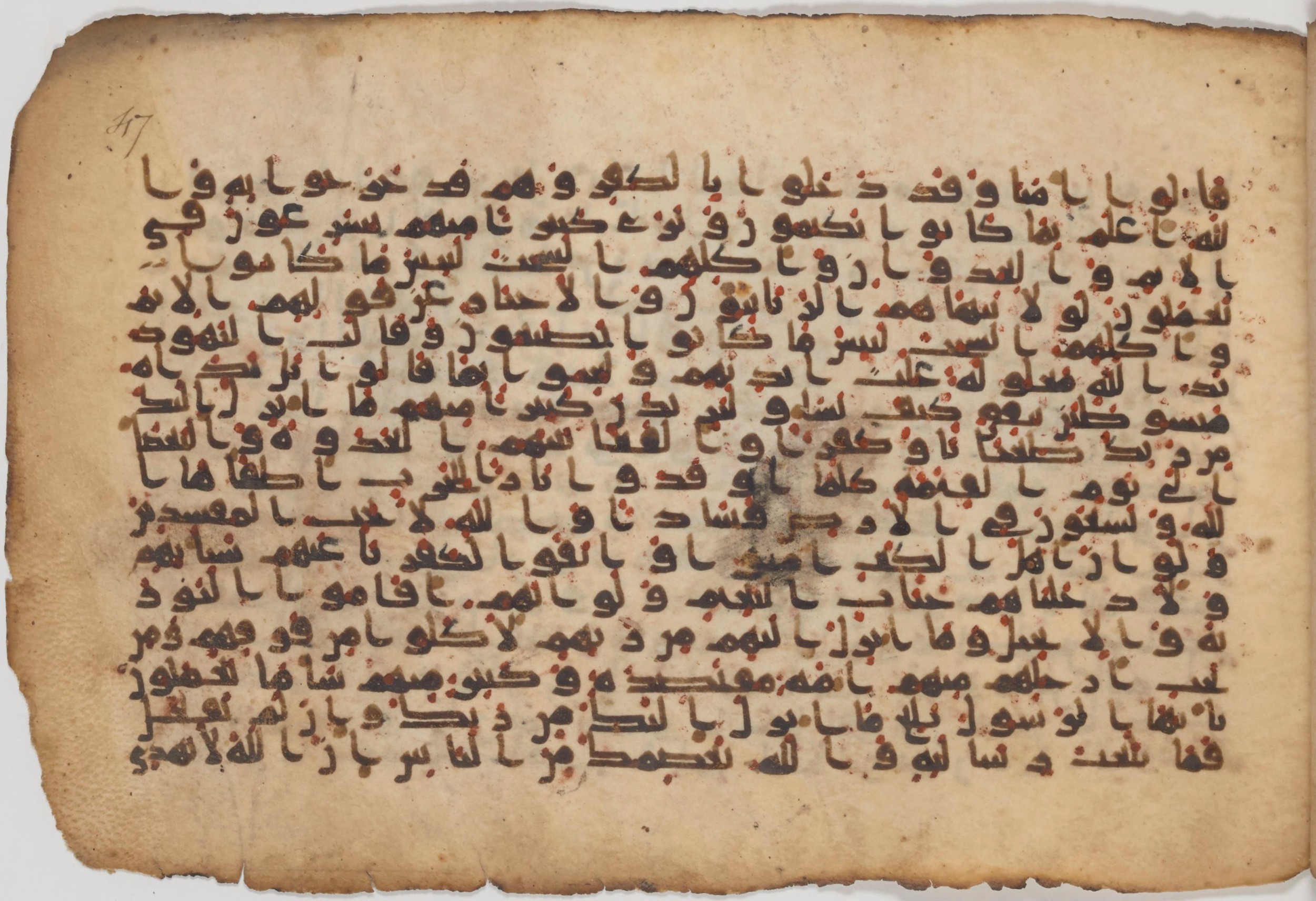 Paris, Bibliothèque nationale de France, Arabe 343 (Scan 1), in Kūfī D script, showing Surah 5:67 from Mid 8th to Late 9th Century AD found in Fustat (Old Cairo), Egypt, currently housed at Bibliothèque nationale de France, Paris