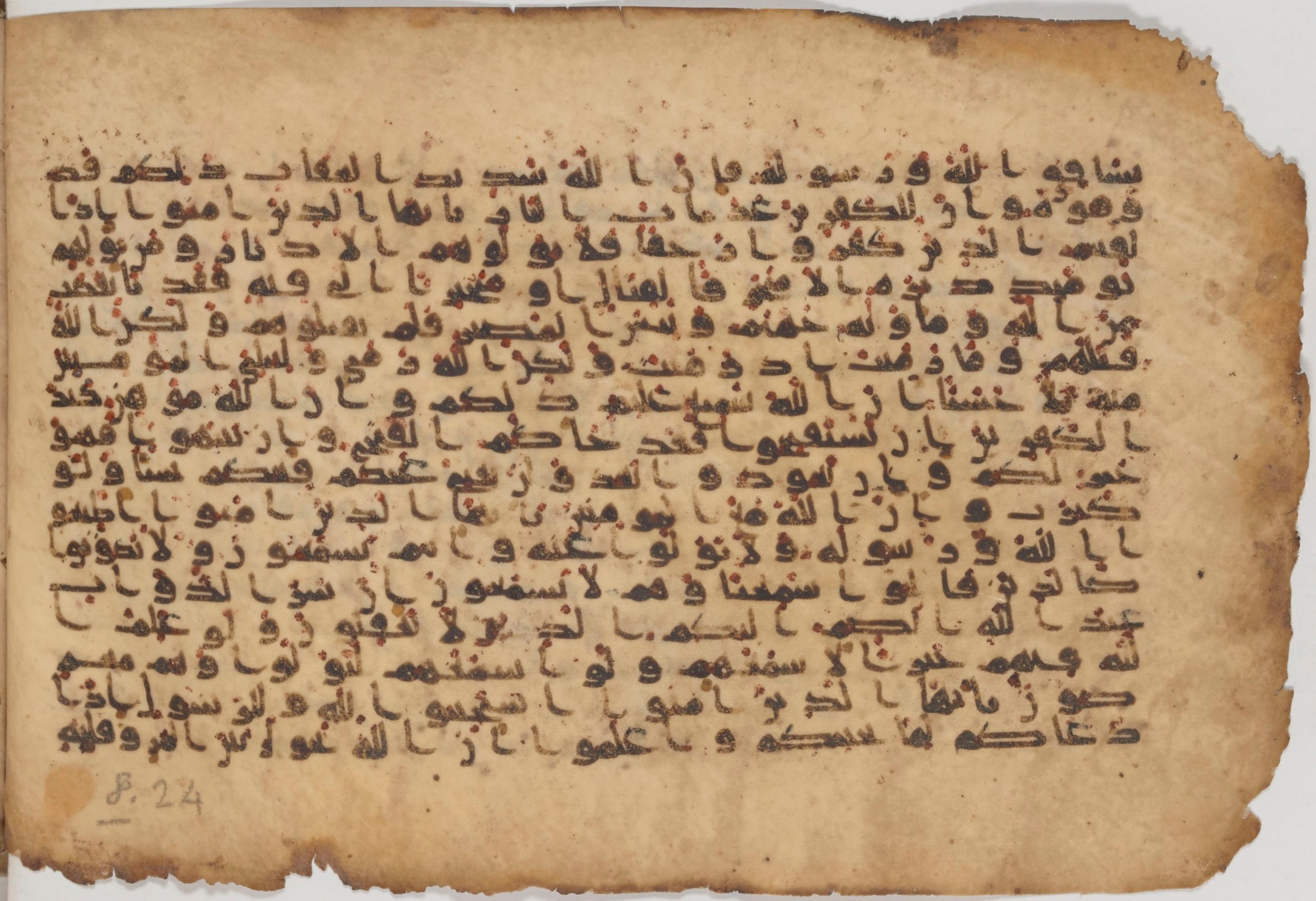 Paris, Bibliothèque nationale de France, Arabe 343, in Kūfī D script, showing Surah 8:21 from Mid 8th to Late 9th Century AD found in Fustat (Old Cairo), Egypt, currently housed at Bibliothèque nationale de France, Paris