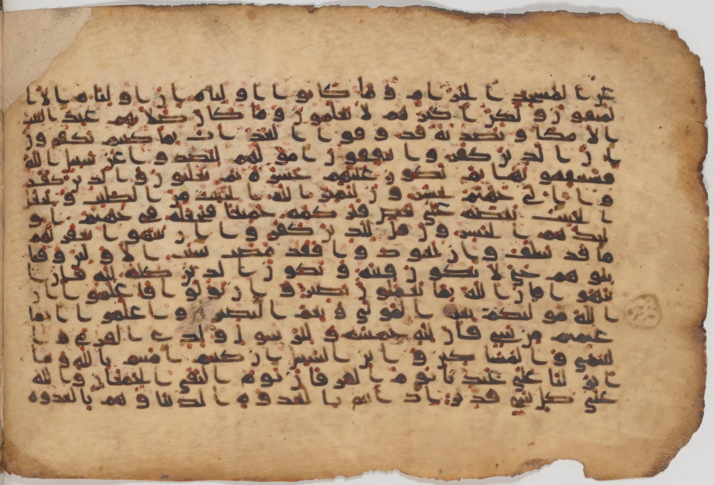 Paris, Bibliothèque nationale de France, Arabe 343, in Kūfī D script, showing Surah 8:39 from Mid 8th to Late 9th Century AD found in Fustat (Old Cairo), Egypt, currently housed at Bibliothèque nationale de France, Paris
