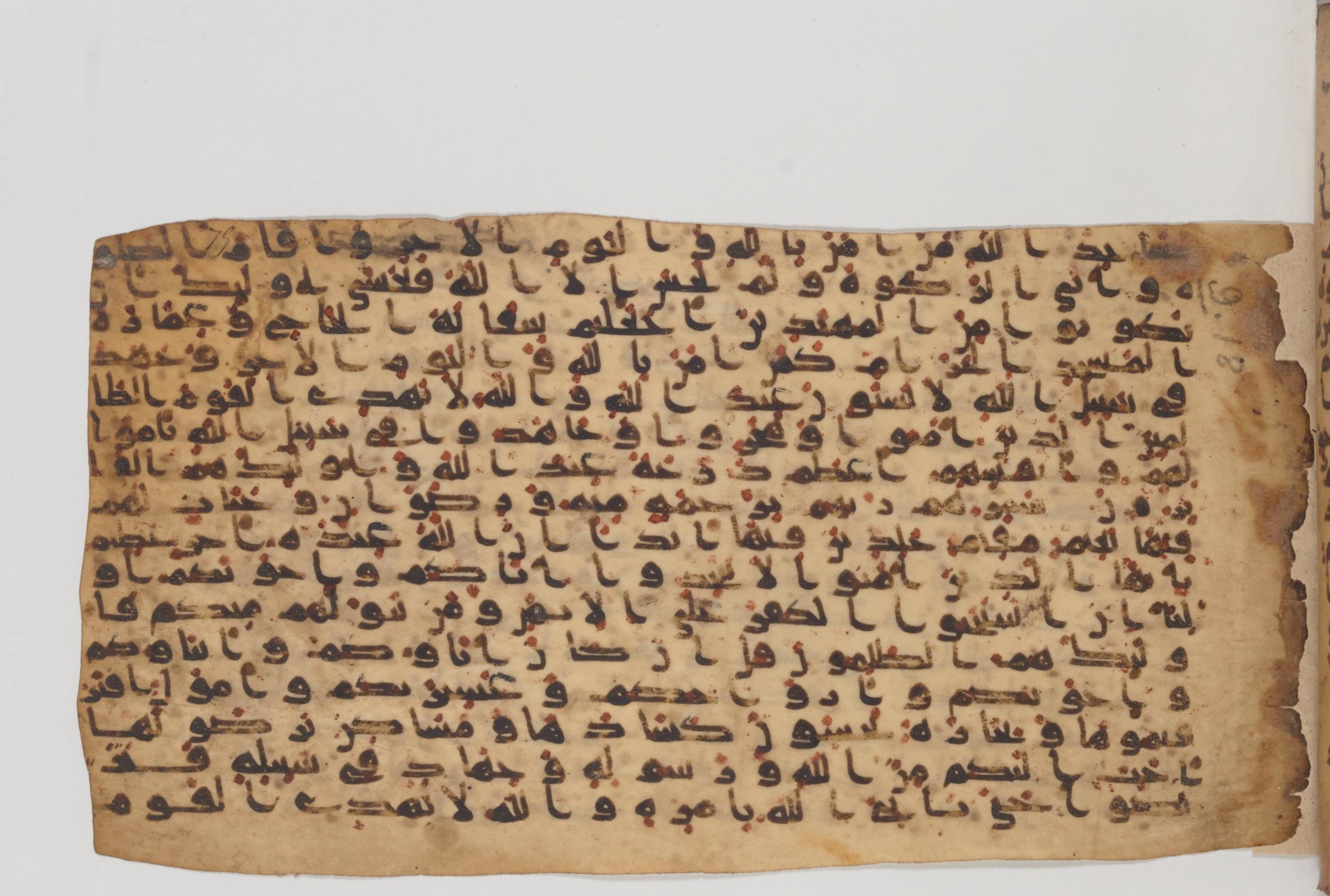 Paris, Bibliothèque nationale de France, Arabe 343, in Kūfī D script, showing Surah 9:21 from Mid 8th to Late 9th Century AD found in Fustat (Old Cairo), Egypt, currently housed at Bibliothèque nationale de France, Paris