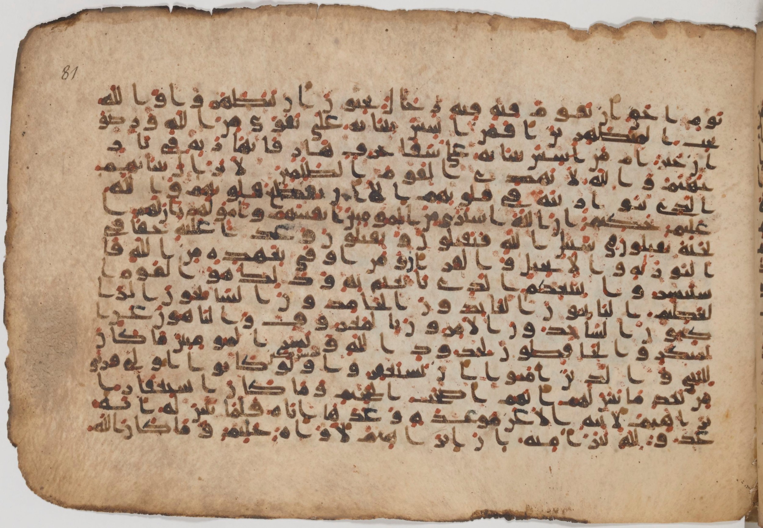 Paris, Bibliothèque nationale de France, Arabe 343, in Kūfī D script, showing Surah 9:113 from Mid 8th to Late 9th Century AD found in Fustat (Old Cairo), Egypt, currently housed at Bibliothèque nationale de France, Paris