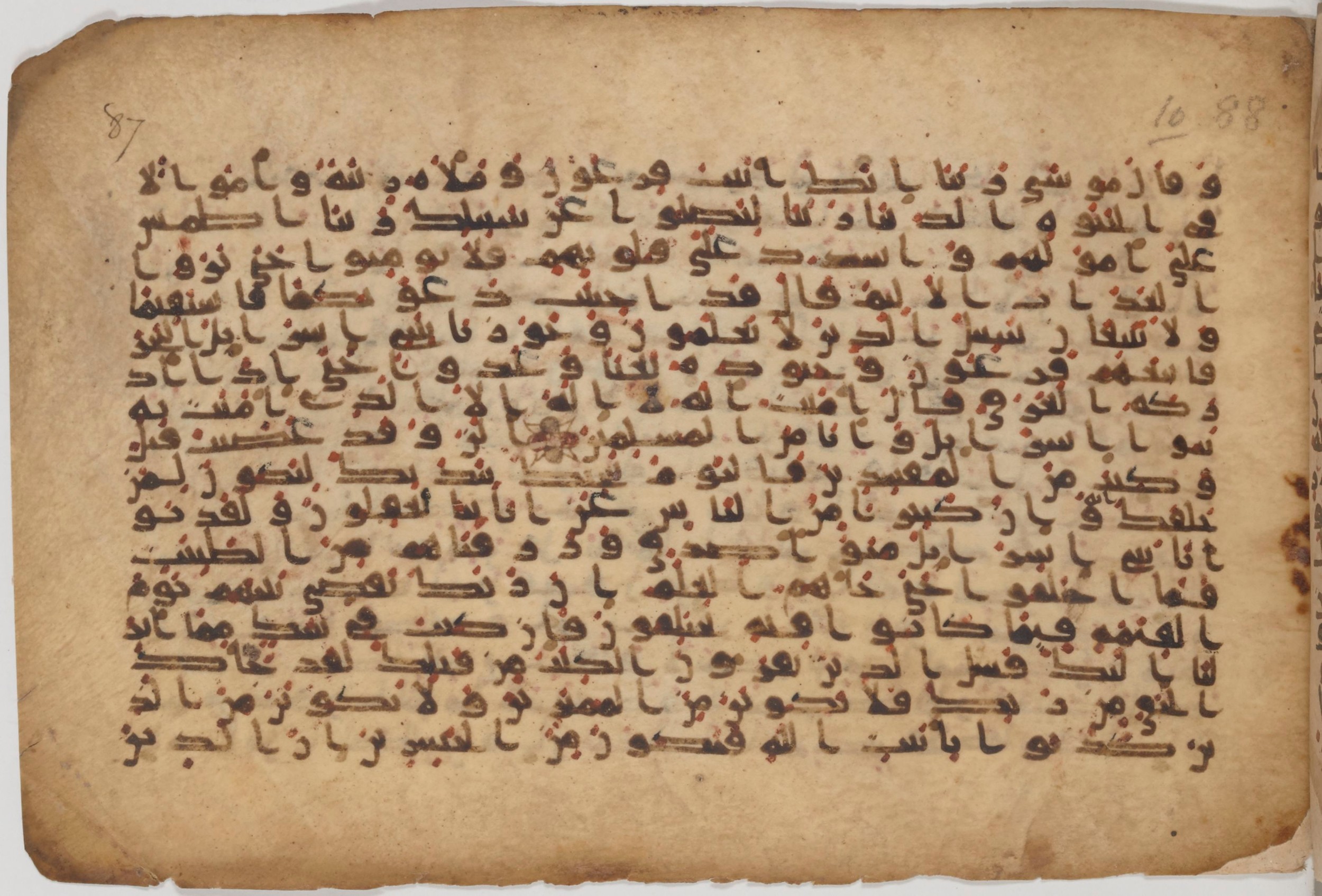 Paris, Bibliothèque nationale de France, Arabe 343, in Kūfī D script, showing Surah 10:89 from Mid 8th to Late 9th Century AD found in Fustat (Old Cairo), Egypt, currently housed at Bibliothèque nationale de France, Paris
