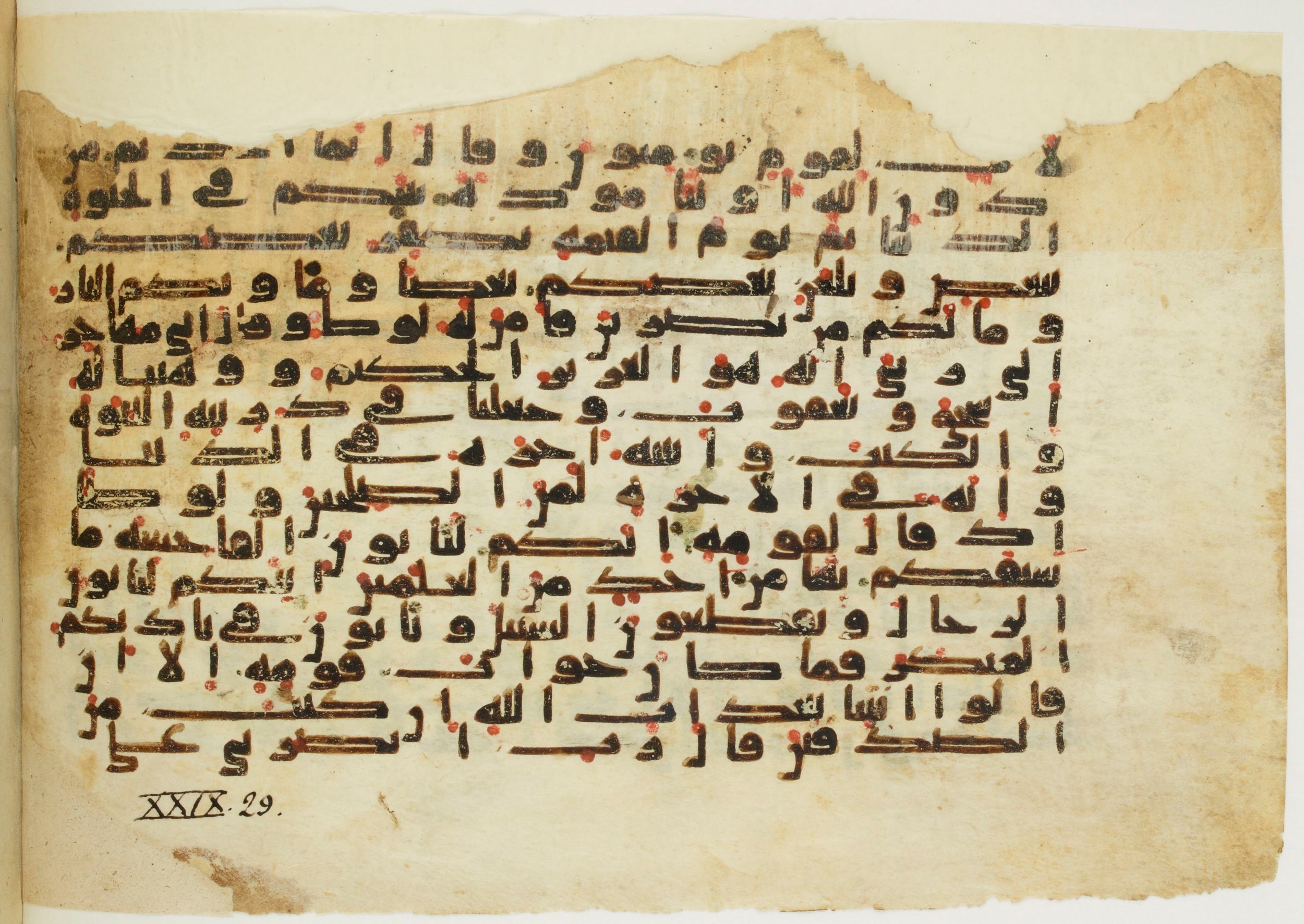 Paris, Bibliothèque nationale de France, Arabe 345 (a), in Kufic E.I script, showing Surah 29:28 from Mid-8th to Late 10th Century AD found in Fustat (Old Cairo), Egypt, currently housed at Bibliothèque nationale de France, Paris
