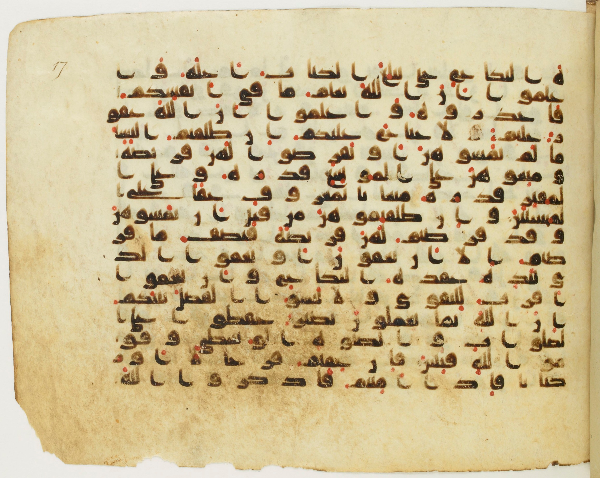 Paris, Bibliothèque nationale de France, Arabe 345 (b) (Scan 1), in Early Kufic (D IV) script, showing Surah 2:239 from Mid 8th to Late 10th Century AD found in Fustat (Old Cairo), Egypt, currently housed at Bibliothèque nationale de France, Paris