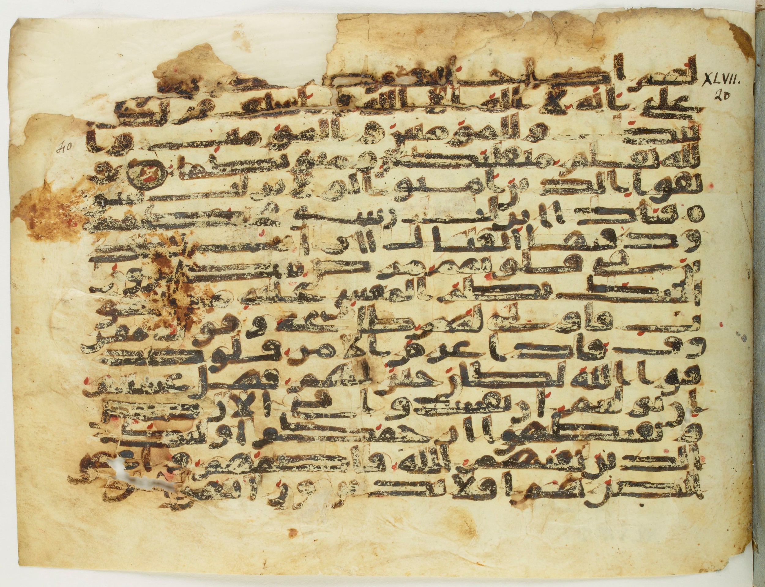 Paris, Bibliothèque nationale de France, Arabe 345 (c), in Kufic C.II script, showing Surah 47:23 from 8th to 9th Century AD found in Fustat (Old Cairo), Egypt, currently housed at Bibliothèque nationale de France, Paris