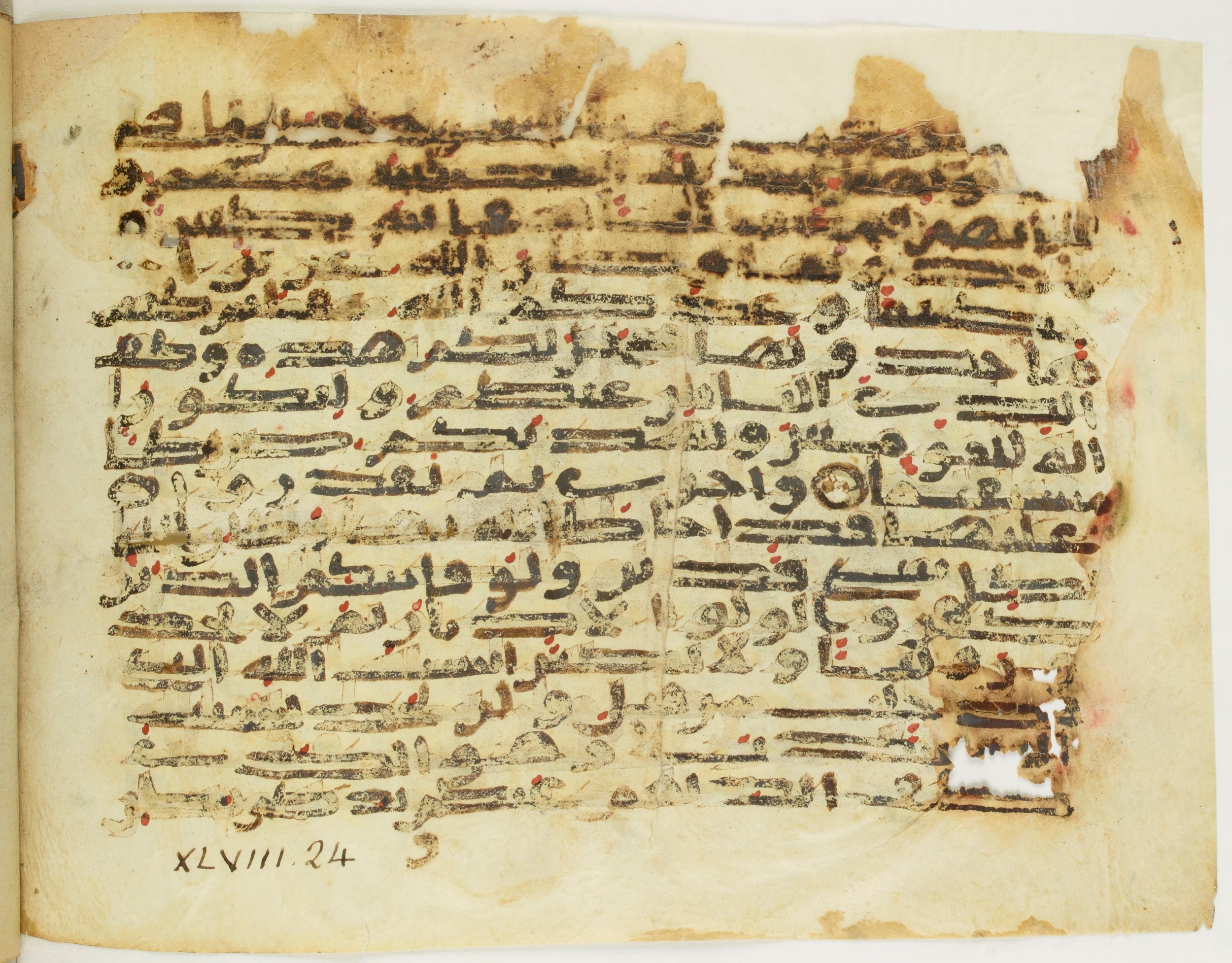 Paris, Bibliothèque nationale de France, Arabe 345 (c), in Kufic C.II script, showing Surah 48:21 from 8th to 9th Century AD found in Fustat (Old Cairo), Egypt, currently housed at Bibliothèque nationale de France, Paris