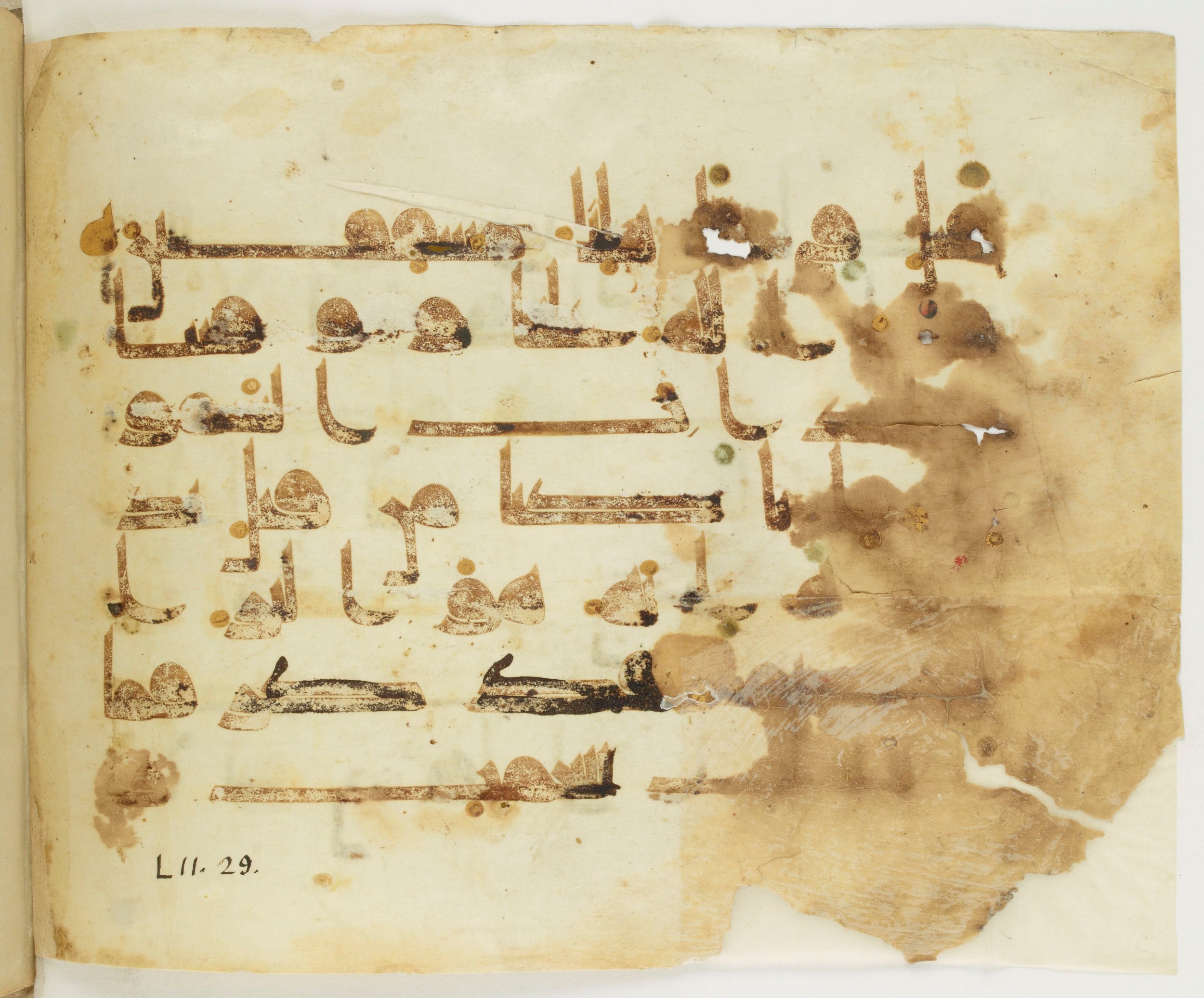 Paris, Bibliothèque nationale de France, Arabe 346 (a), in Kūfī D.I script, showing Surah 52:28 from Late 8th / 9th Century AD found in Fustat (Old Cairo), Egypt, currently housed at Bibliothèque nationale de France, Paris